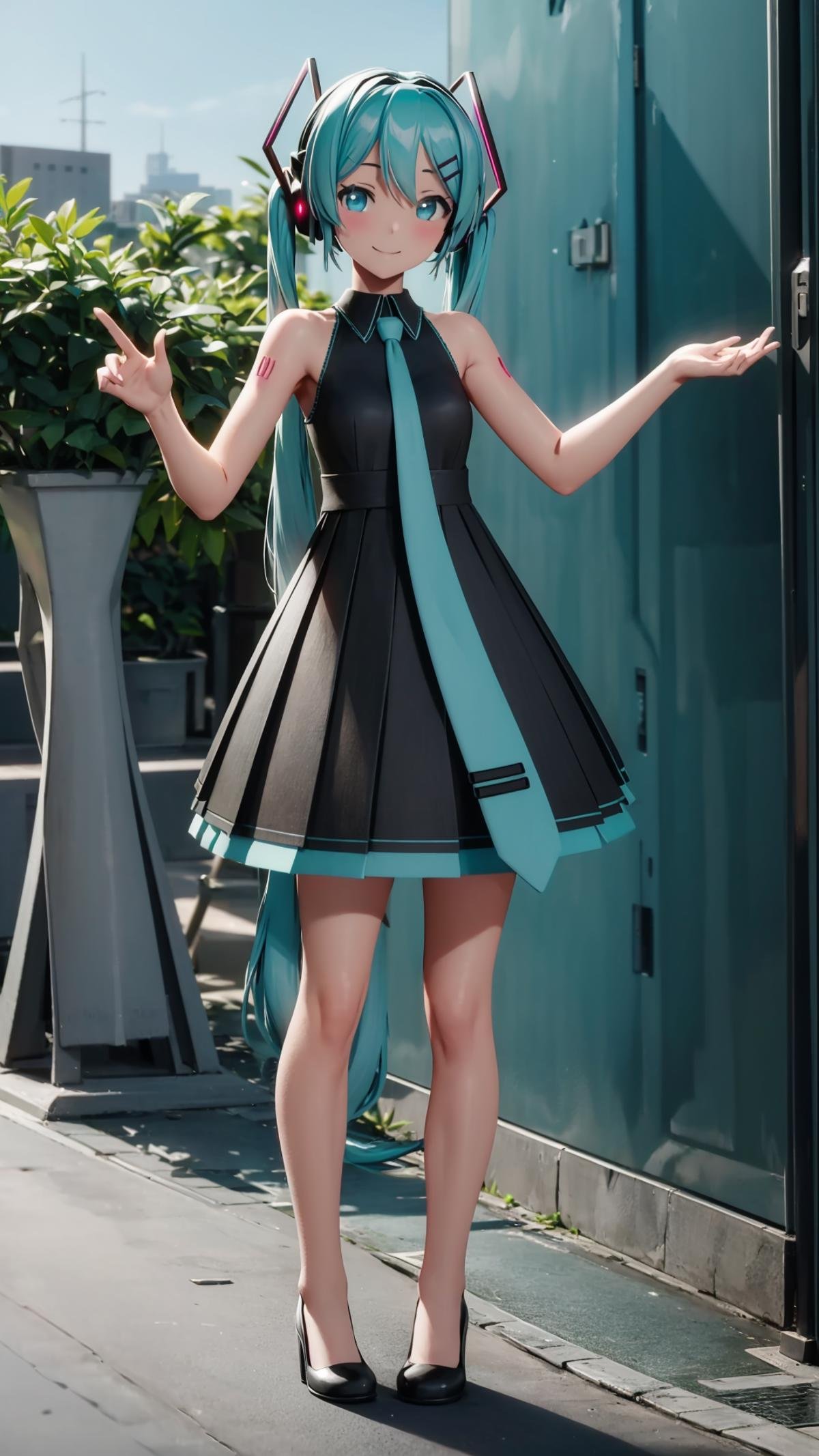 (masterpiece, best quality), ray tracing, absurdres, HDR, 1girl, hatsune miku, sour, solo, long hair, necktie, dress, twintails, full body, sleeveless, hair ornament,bare arms, black dress, aqua hair, standing, bare shoulders, black footwear, sleeveless dress,  hairclip, aqua eyes, headphones, pleated dress,smile,looking at viewer,  <lora:miku_sour:0.8>