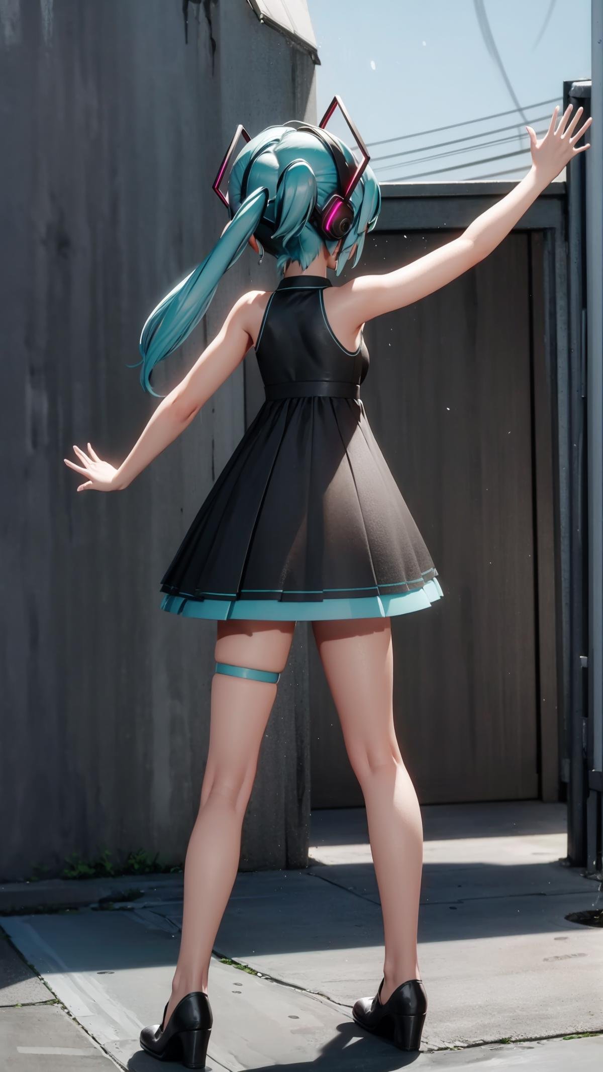 (masterpiece, best quality), ray tracing, absurdres, HDR, 1girl, hatsune miku, sour, solo, long hair, dress, outstretched arms, twintails, black dress, headphones, standing, aqua hair, thigh strap, sleeveless, short dress, full body, black footwear, bare shoulders, sleeveless dress, legs apart, , bare arms, from behind, spread arms  <lora:miku_sour:0.8>