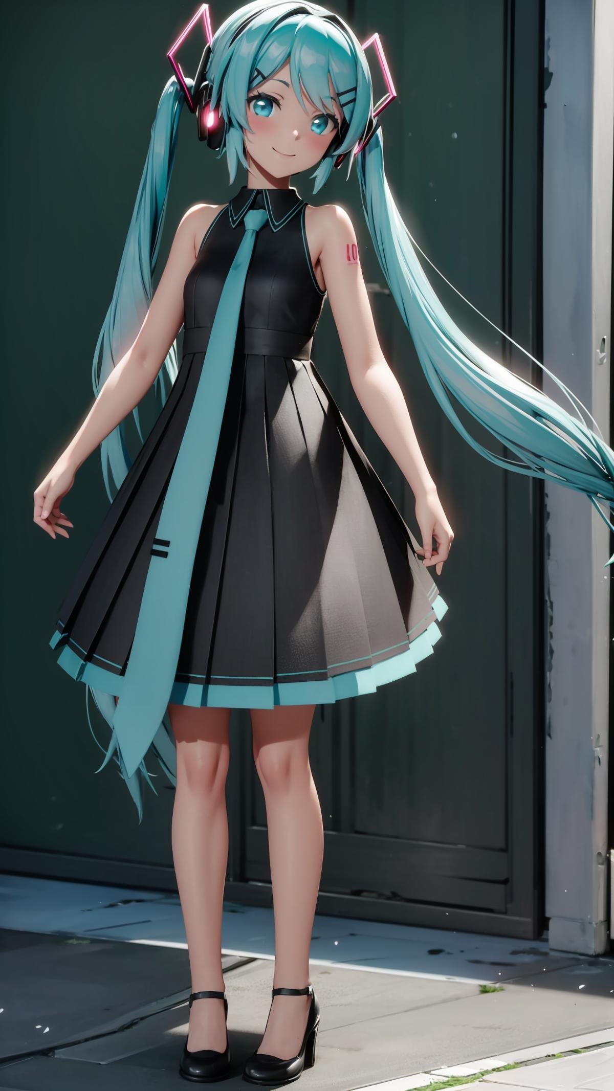 (masterpiece, best quality), ray tracing, absurdres, HDR, 1girl, hatsune miku, sour, solo, long hair, necktie, dress, twintails, full body, sleeveless, hair ornament,bare arms, black dress, aqua hair, standing, bare shoulders, black footwear, sleeveless dress, very long hair, hairclip, aqua eyes, headphones, pleated dress,smile,looking at viewer,  <lora:miku_sour:0.8>