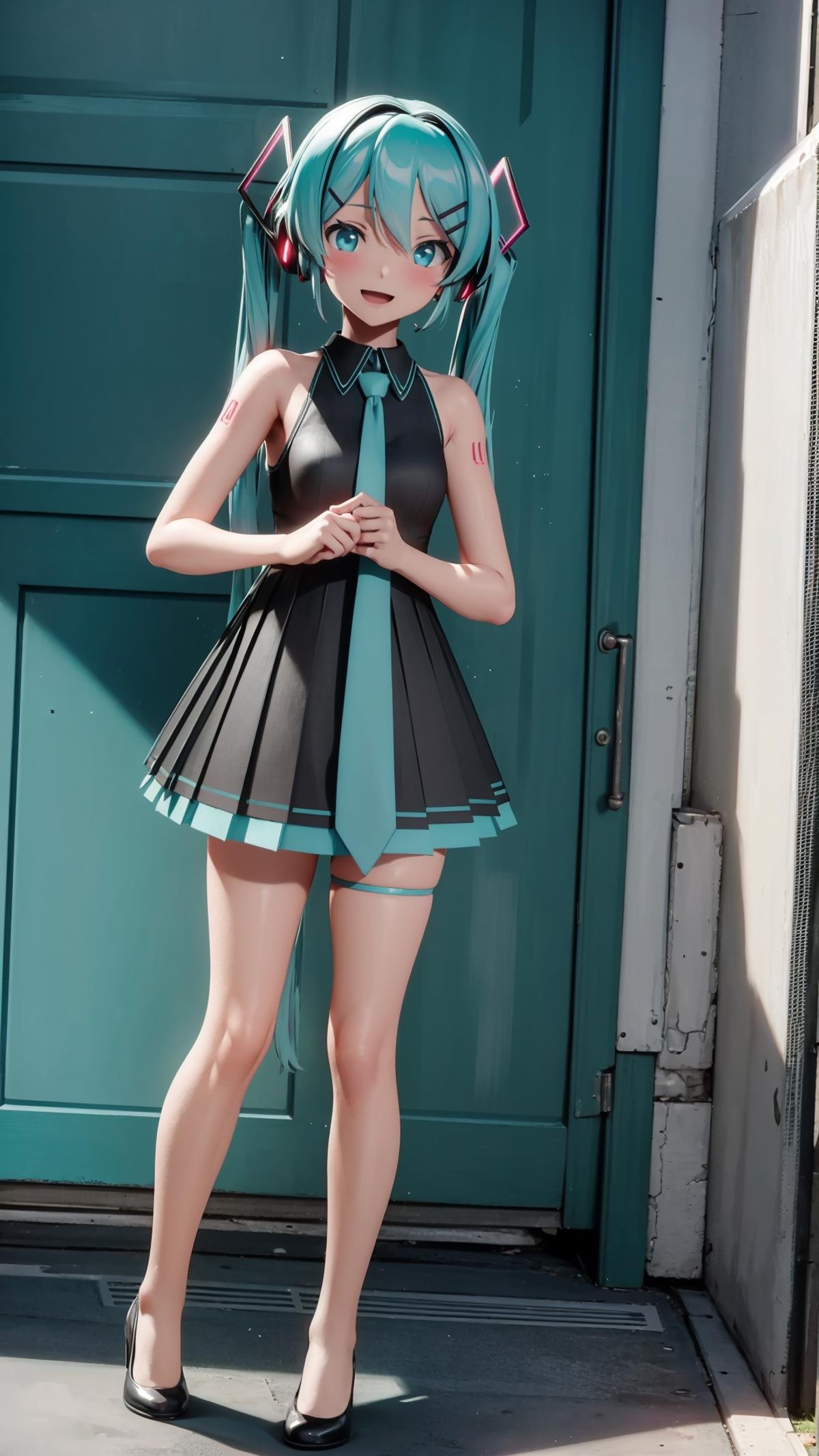 (masterpiece, best quality), ray tracing, absurdres, HDR, 1girl, hatsune miku, sour, solo, long hair, necktie, dress, twintails, full body, sleeveless, hair ornament,bare arms, black dress, aqua hair, standing, bare shoulders, black footwear, sleeveless dress, , hairclip, aqua eyes, headphones, pleated dress,smile,looking at viewer,  thigh strap,open mouth, <lora:miku_sour:0.8>