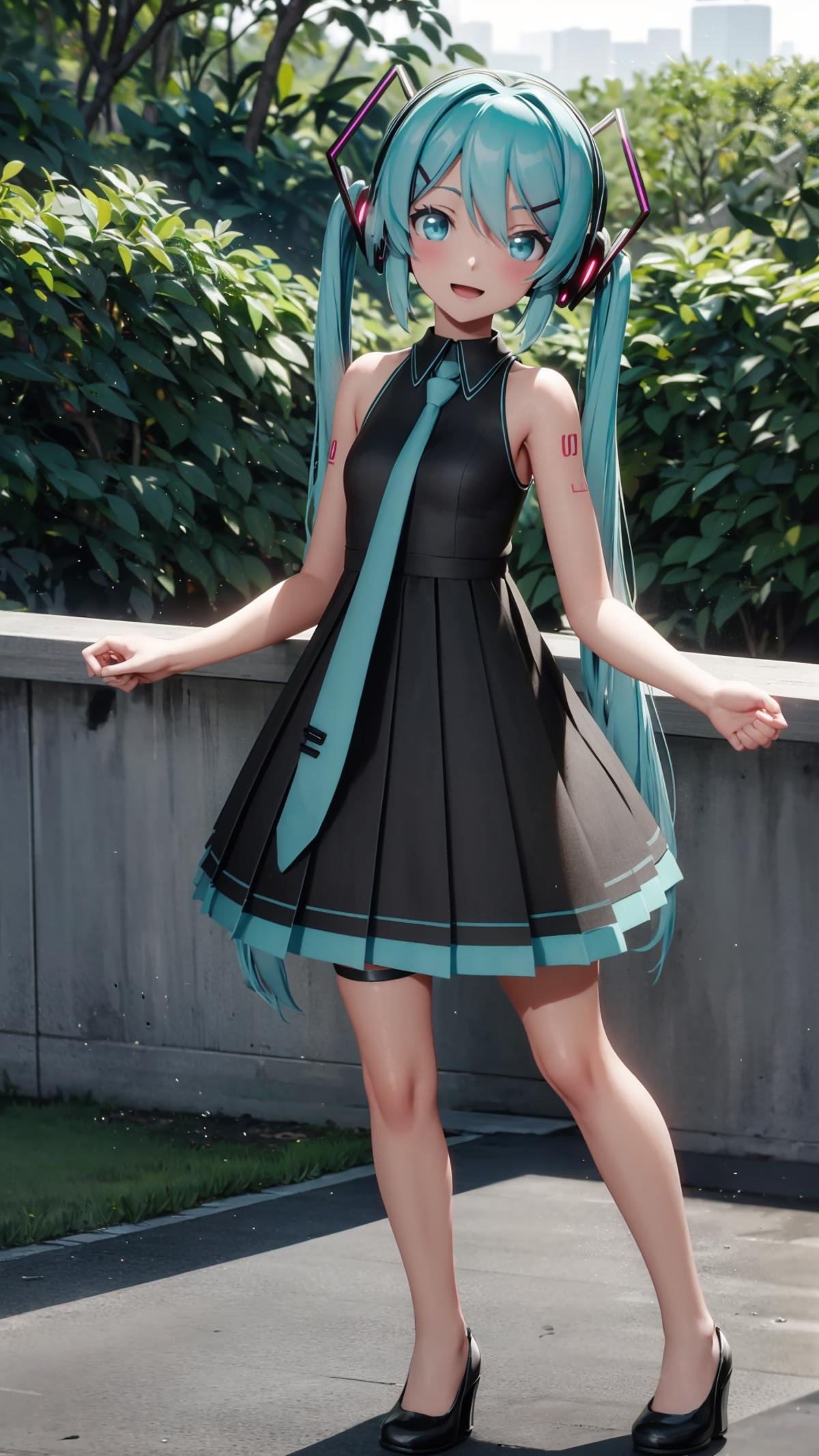 (masterpiece, best quality), ray tracing, absurdres, HDR, 1girl, hatsune miku, sour, solo, long hair, necktie, dress, twintails, full body, sleeveless, hair ornament,bare arms, black dress, aqua hair, standing, bare shoulders, black footwear, sleeveless dress, , hairclip, aqua eyes, headphones, pleated dress,smile,looking at viewer,  thigh strap,open mouth, <lora:miku_sour:0.8>