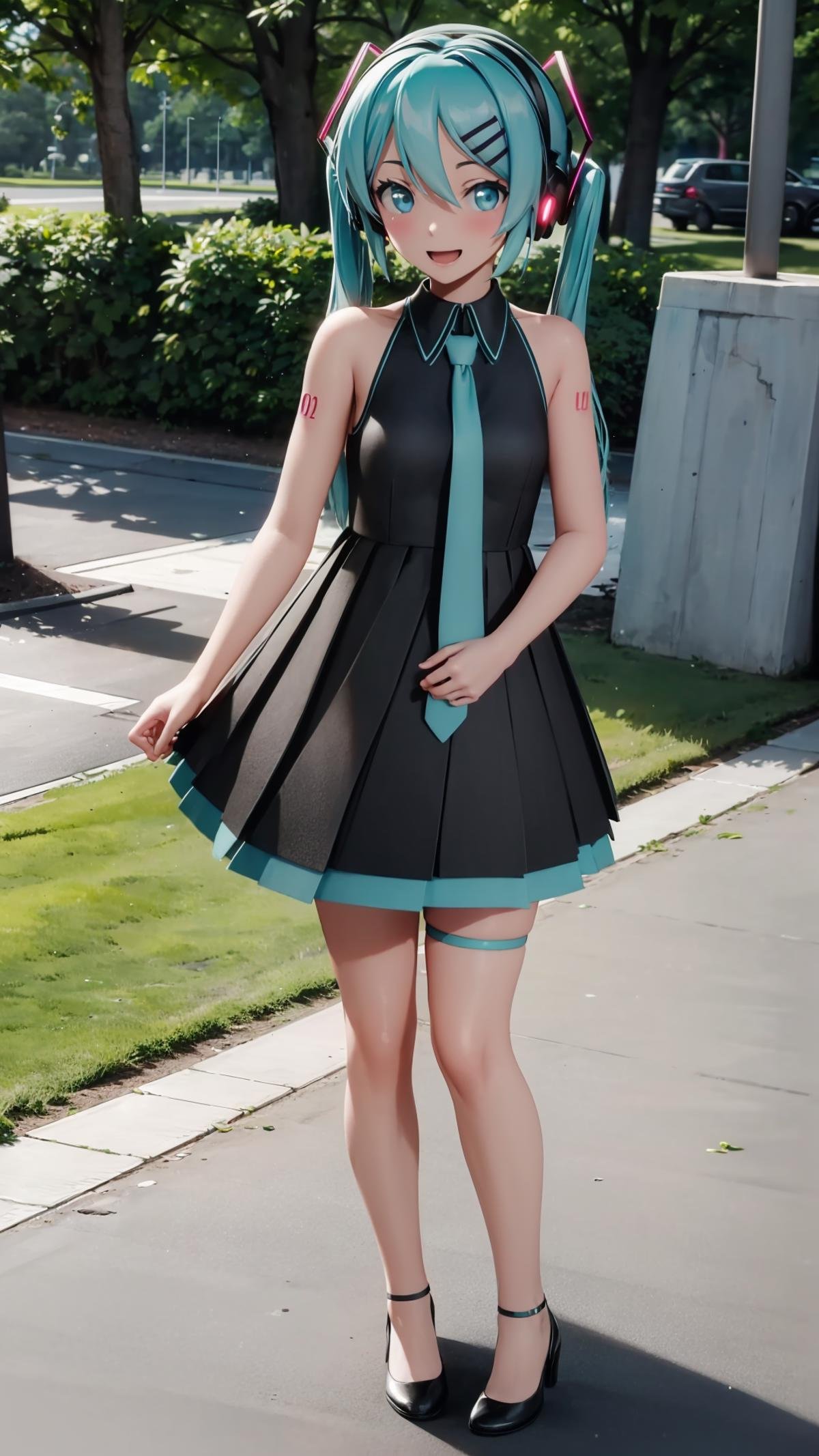 (masterpiece, best quality), ray tracing, absurdres, HDR, 1girl, hatsune miku, sour, solo, long hair, necktie, dress, twintails, full body, sleeveless, hair ornament,bare arms, black dress, aqua hair, standing, bare shoulders, black footwear, sleeveless dress, , hairclip, aqua eyes, headphones, pleated dress,smile,looking at viewer,  thigh strap,open mouth, <lora:miku_sour:0.8>