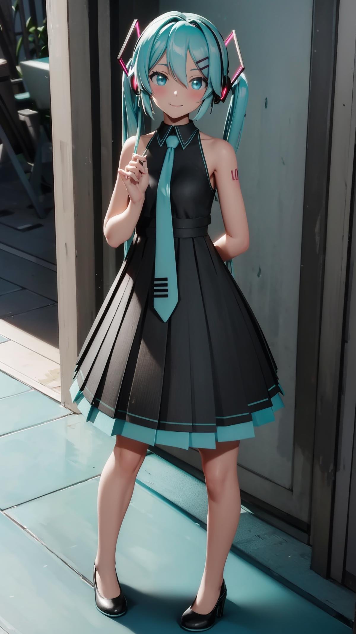 (masterpiece, best quality), ray tracing, absurdres, HDR, 1girl, hatsune miku, sour, solo, long hair, necktie, dress, twintails, full body, sleeveless, hair ornament,bare arms, black dress, aqua hair, standing, bare shoulders, black footwear, sleeveless dress,  hairclip, aqua eyes, headphones, pleated dress,smile,looking at viewer,  <lora:miku_sour:0.8>