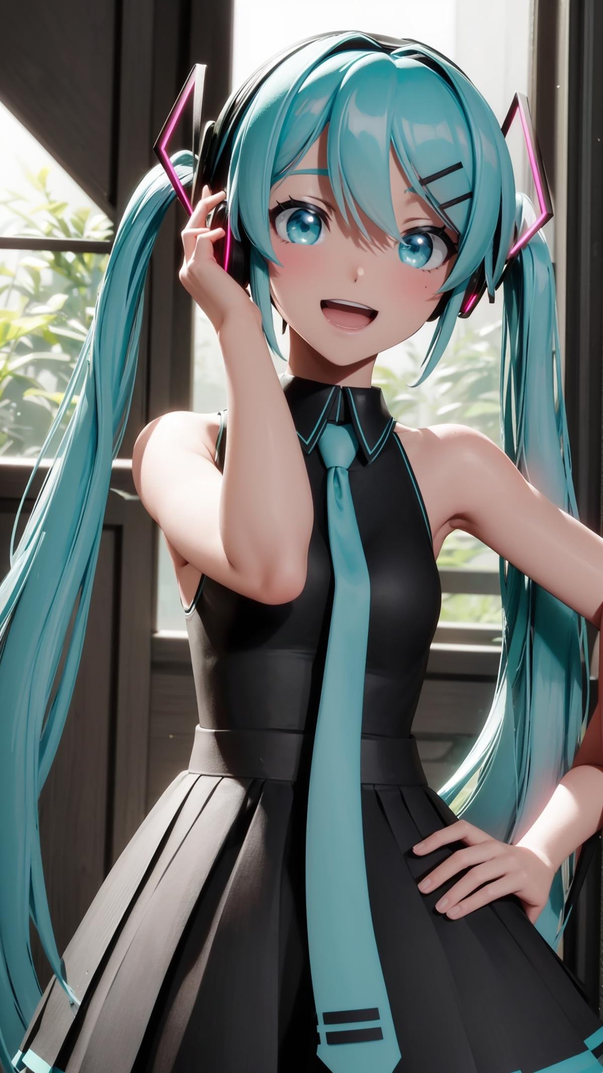 (masterpiece, best quality), ray tracing, absurdres, HDR, 1girl, hatsune miku, sour, solo, long hair, dress, necktie, hair ornament, twintails, black dress, hairclip, headphones, aqua hair, aqua necktie, sleeveless, smile, pleated dress, bare shoulders, aqua eyes, sleeveless dress, cowboy shot, looking at viewer, collared dress, hair between eyes, bare arms, hand on hip, headset, bangs ,open mouth<lora:miku_sour:0.8>