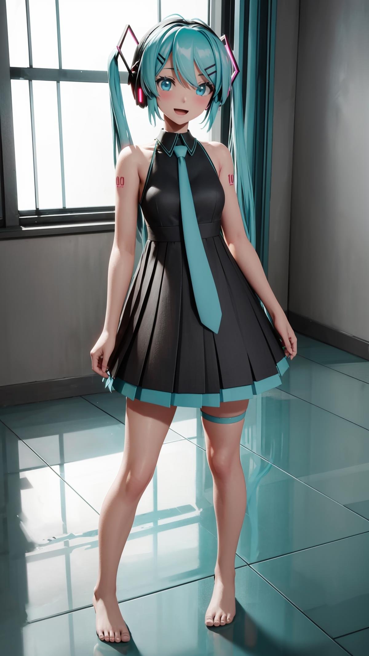 (masterpiece, best quality), ray tracing, absurdres, HDR, 1girl, hatsune miku, sour, solo, long hair, necktie, dress, twintails, full body, sleeveless, hair ornament,bare arms, black dress, aqua hair, standing, bare shoulders, barefoot, sleeveless dress, , hairclip, aqua eyes, headphones, pleated dress,smile,looking at viewer,  thigh strap,open mouth, indoors<lora:miku_sour:0.8>