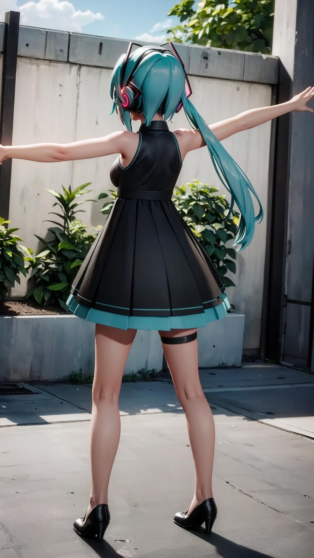 (masterpiece, best quality), ray tracing, absurdres, HDR, 1girl, hatsune miku, sour, solo, long hair, dress, outstretched arms, twintails, black dress, headphones, standing, aqua hair, thigh strap, sleeveless, short dress, full body, black footwear, bare shoulders, sleeveless dress, legs apart, , bare arms, from behind, spread arms  <lora:miku_sour:0.8>