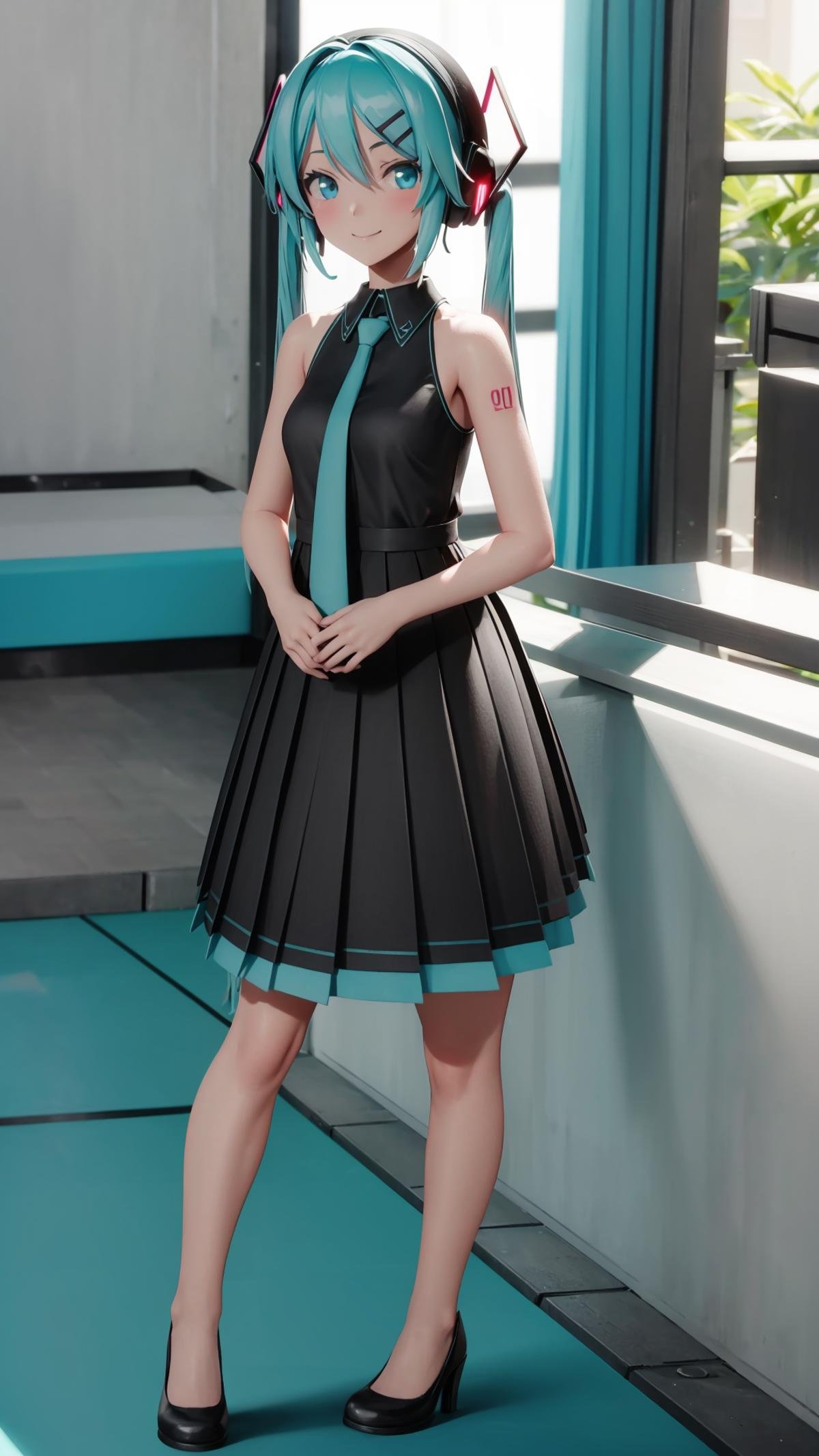 (masterpiece, best quality), ray tracing, absurdres, HDR, 1girl, hatsune miku, sour, solo, long hair, necktie, dress, twintails, full body, sleeveless, hair ornament,bare arms, black dress, aqua hair, standing, bare shoulders, black footwear, sleeveless dress,  hairclip, aqua eyes, headphones, pleated dress,smile,looking at viewer,  <lora:miku_sour:0.8>