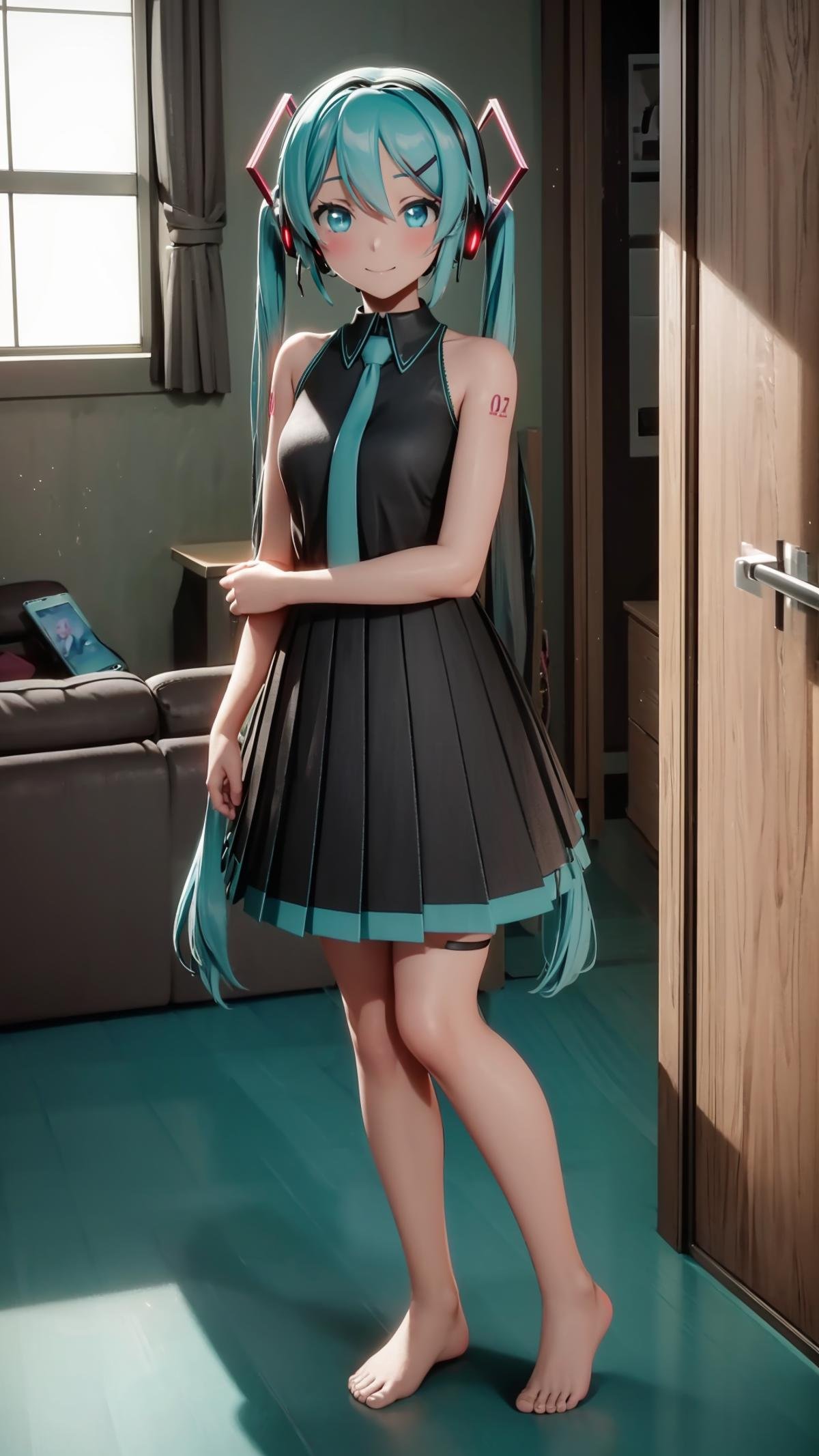 (masterpiece, best quality), ray tracing, absurdres, HDR, 1girl, hatsune miku, sour, solo, long hair, necktie, dress, twintails, full body, sleeveless, hair ornament,bare arms, black dress, aqua hair, standing, bare shoulders, barefoot, sleeveless dress, , hairclip, aqua eyes, headphones, pleated dress,smile,looking at viewer,  thigh strap,closed mouth, indoors,living room, <lora:miku_sour:0.8>