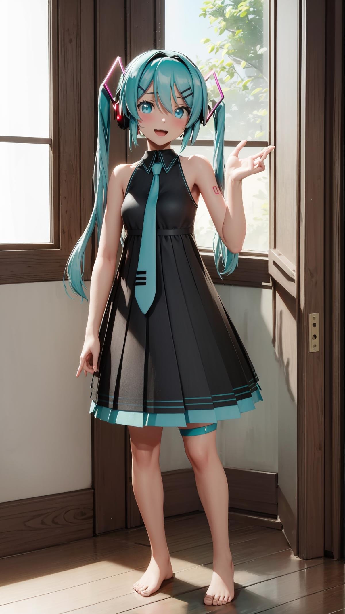 (masterpiece, best quality), ray tracing, absurdres, HDR, 1girl, hatsune miku, sour, solo, long hair, necktie, dress, twintails, full body, sleeveless, hair ornament,bare arms, black dress, aqua hair, standing, bare shoulders, barefoot, sleeveless dress, , hairclip, aqua eyes, headphones, pleated dress,smile,looking at viewer,  thigh strap,open mouth, indoors<lora:miku_sour:0.8>