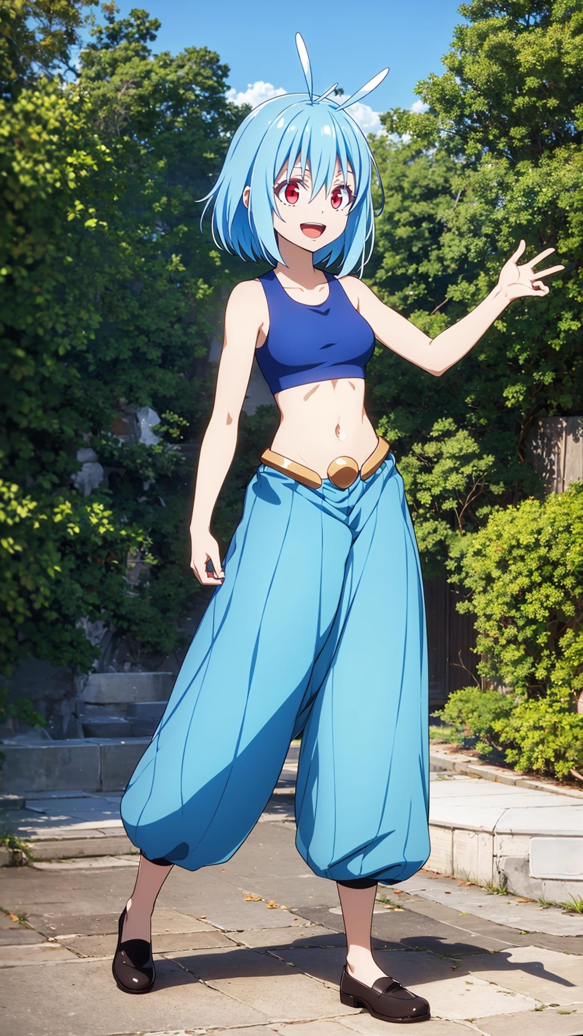 (masterpiece,  best quality),  ray tracing,  absurdres,  HDR,shinsha, 1girl, blue hair, navel, solo, open mouth, midriff, red eyes, smile, hair between eyes, collarbone, :d, crop top, stomach, pants, shiny, shiny hair, bangs, brown pants, outdoors, sports bra, blue tank top, short hair, antenna hair,shoes,<lora:shinsha:0.8>