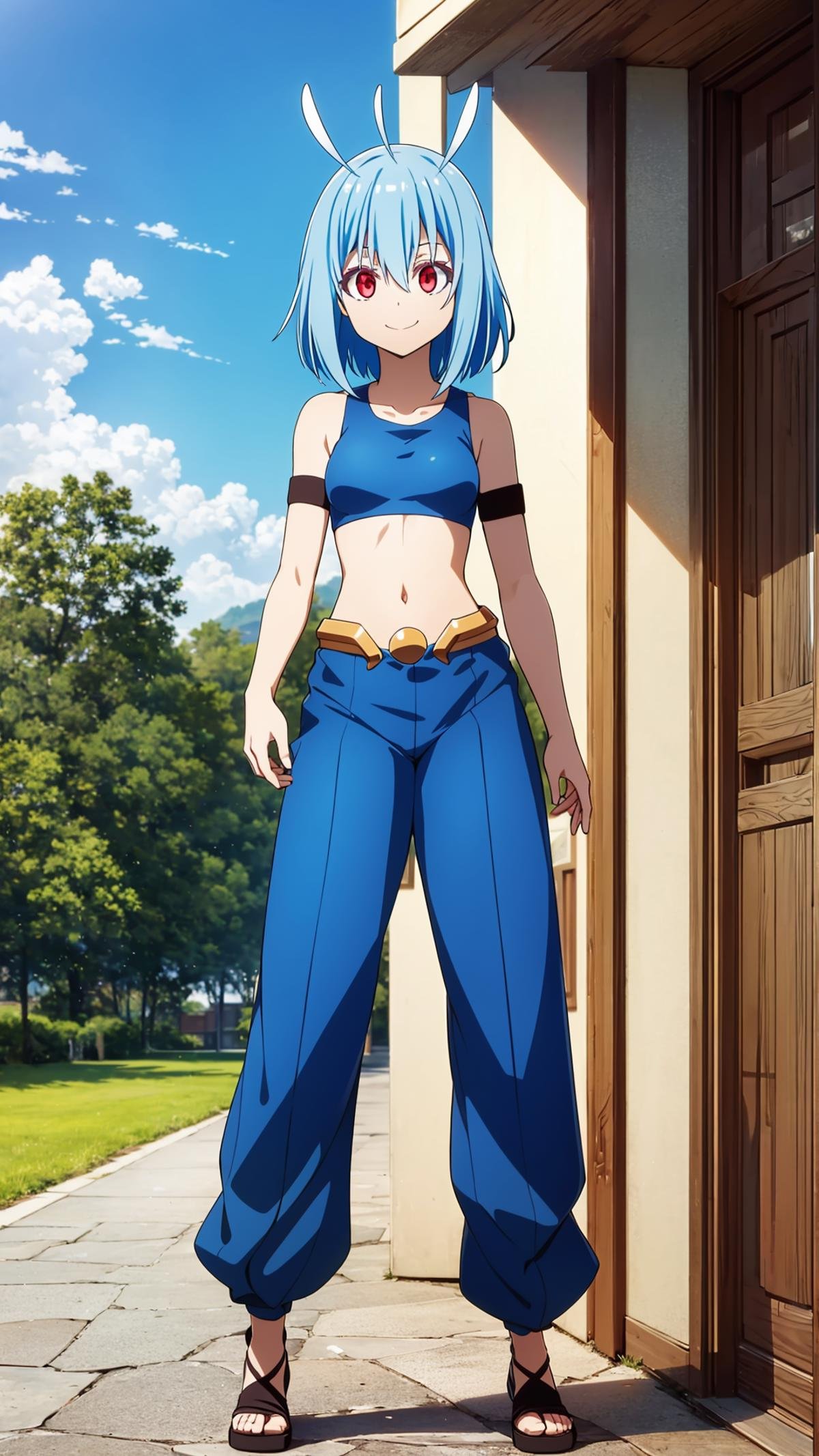 (masterpiece,  best quality),  ray tracing,  absurdres,  HDR,  shinsha, 1girl, solo, blue hair, smile, sports bra, navel, antenna hair, looking at viewer, , red eyes, breasts, midriff, closed mouth, :t,small breasts, short hair, collarbone, antennae, bangs, bare shoulders, armband, hair between eyes,, looking at viewer, full body, pants, , standing, outdoors,sky,blue sky,shoes, <lora:shinsha:0.8>