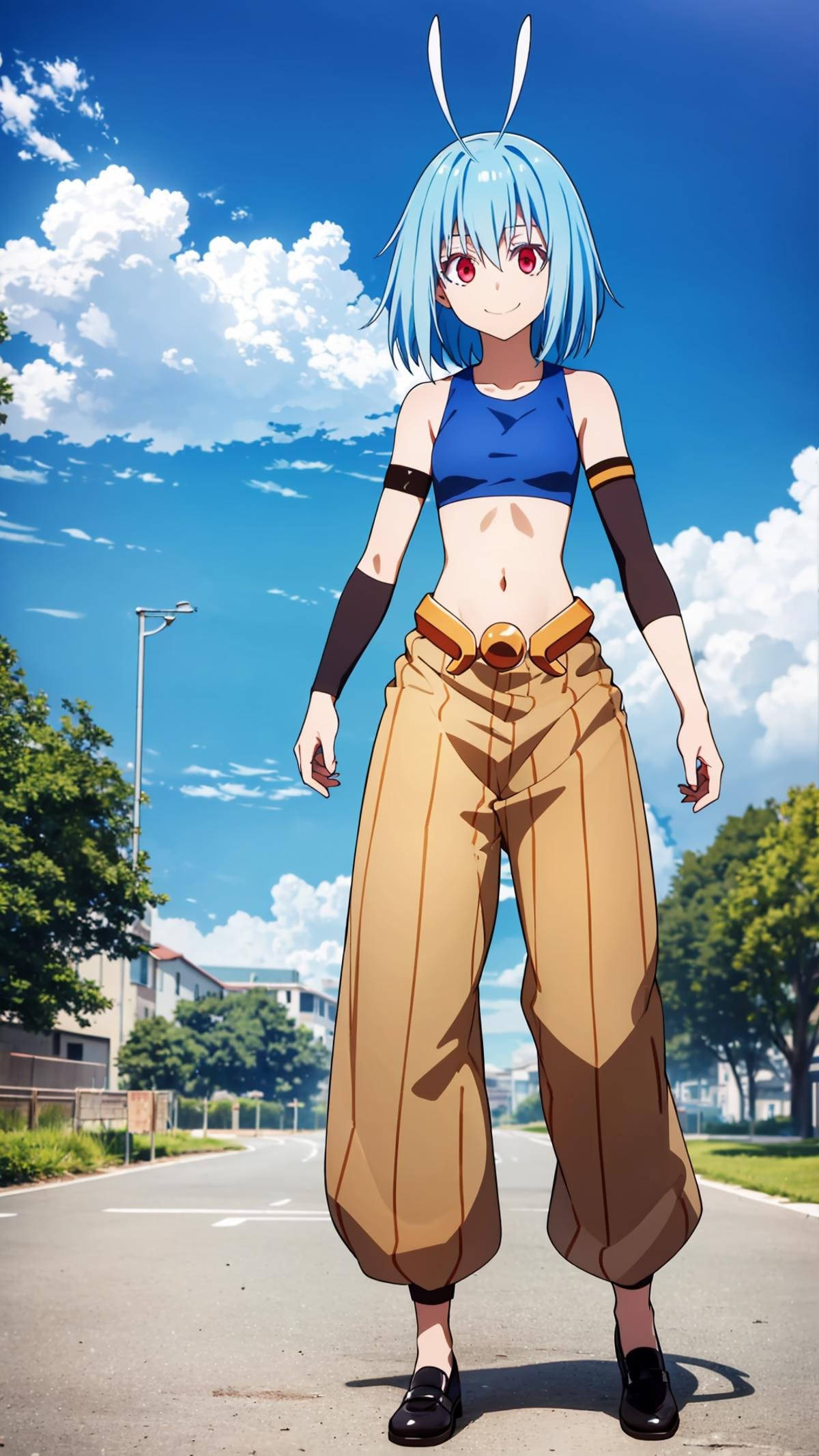 (masterpiece,  best quality),  ray tracing,  absurdres,  HDR,  shinsha, 1girl, solo, blue hair, smile, sports bra, navel, antenna hair, looking at viewer, , red eyes, breasts, midriff, closed mouth, :t,small breasts, short hair, collarbone, antennae, bangs, bare shoulders, armband, hair between eyes,, looking at viewer, full body, pants, , standing, outdoors,sky,blue sky,shoes, <lora:shinsha:0.8>