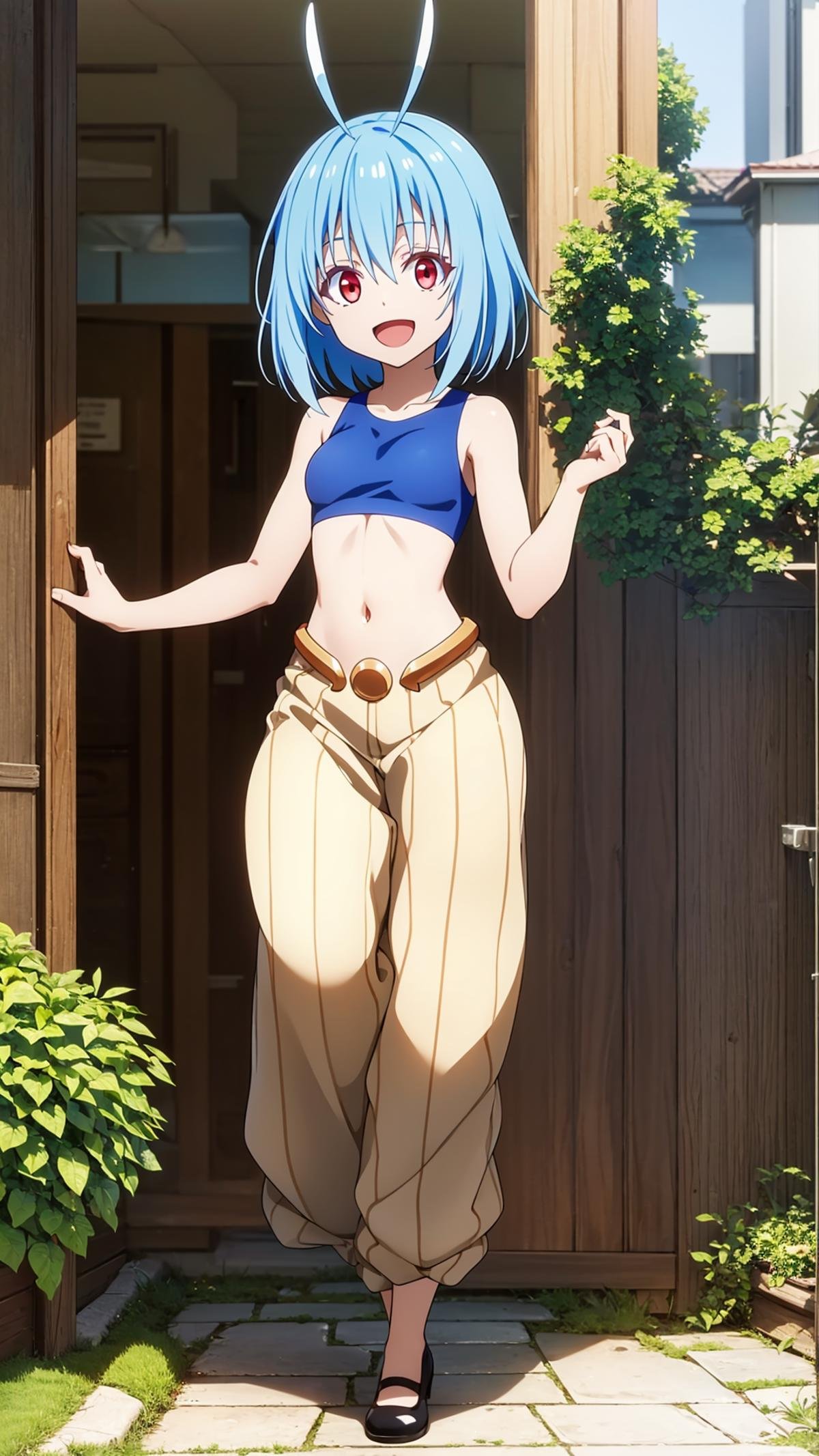 (masterpiece,  best quality),  ray tracing,  absurdres,  HDR,shinsha, 1girl, blue hair, navel, solo, open mouth, midriff, red eyes, smile, hair between eyes, collarbone, :d, crop top, stomach, pants, shiny, shiny hair, bangs, brown pants, outdoors, sports bra, blue tank top, short hair, antenna hair,shoes,looking at viewer,<lora:shinsha:0.8>