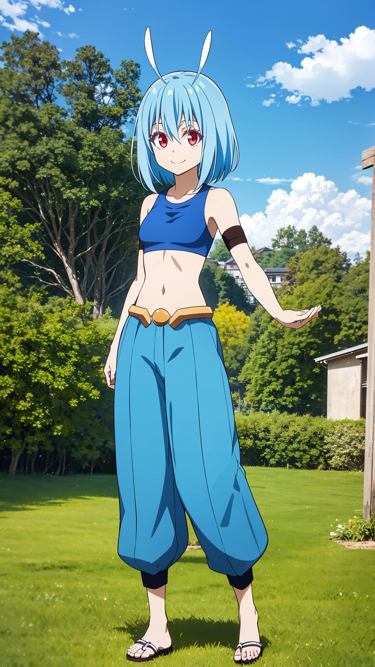 (masterpiece,  best quality),  ray tracing,  absurdres,  HDR,  shinsha, 1girl, solo, blue hair, smile, sports bra, navel, antenna hair, looking at viewer, , red eyes, breasts, midriff, closed mouth, :t,small breasts, short hair, collarbone, antennae, bangs, bare shoulders, armband, hair between eyes,, looking at viewer, full body, pants, , standing, outdoors,sky,blue sky,<lora:shinsha:0.8>