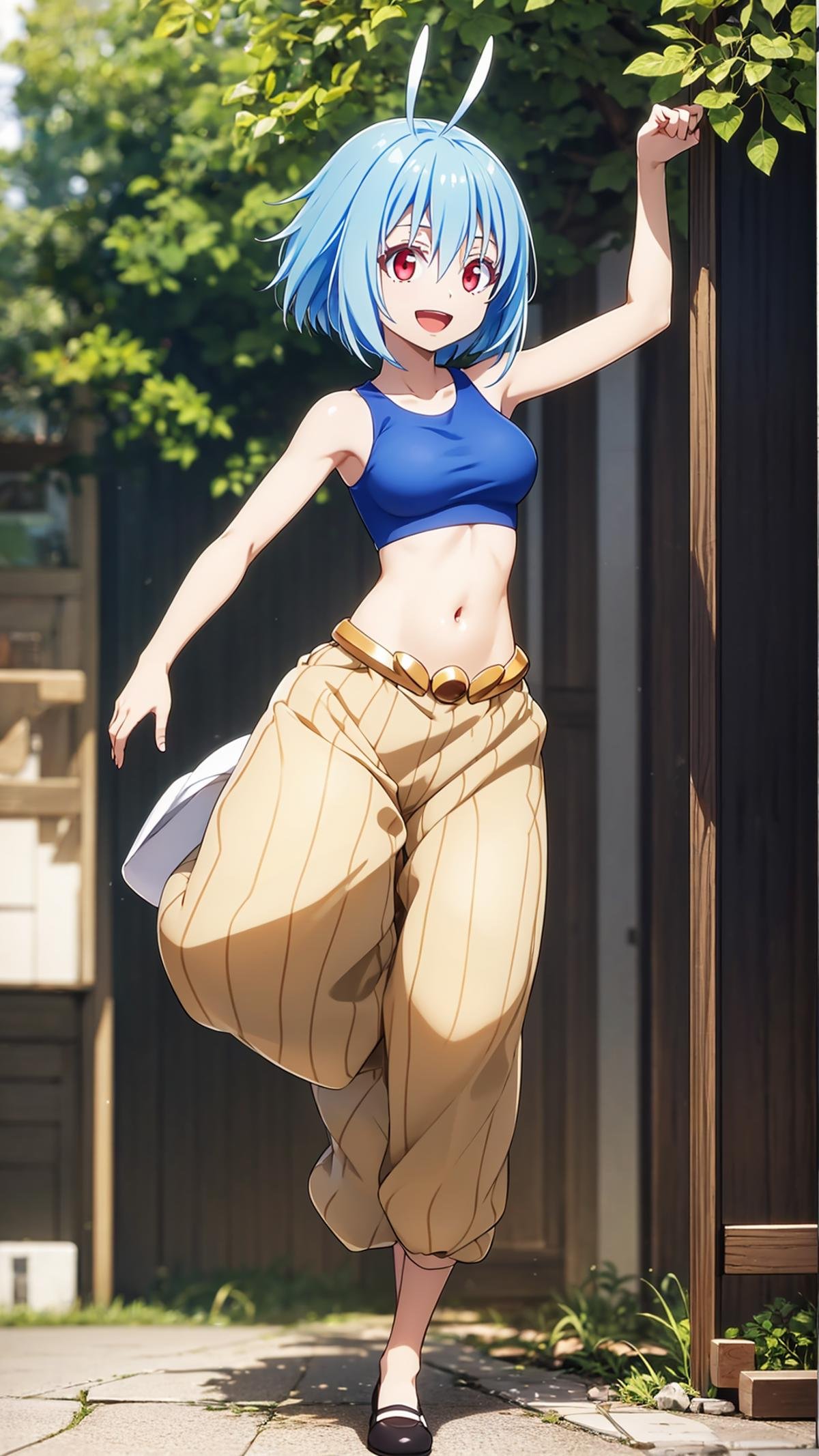 (masterpiece,  best quality),  ray tracing,  absurdres,  HDR,shinsha, 1girl, blue hair, navel, solo, open mouth, midriff, red eyes, smile, hair between eyes, collarbone, :d, crop top, stomach, pants, shiny, shiny hair, bangs, brown pants, outdoors, sports bra, blue tank top, short hair, antenna hair,shoes,looking at vierer,<lora:shinsha:0.8>