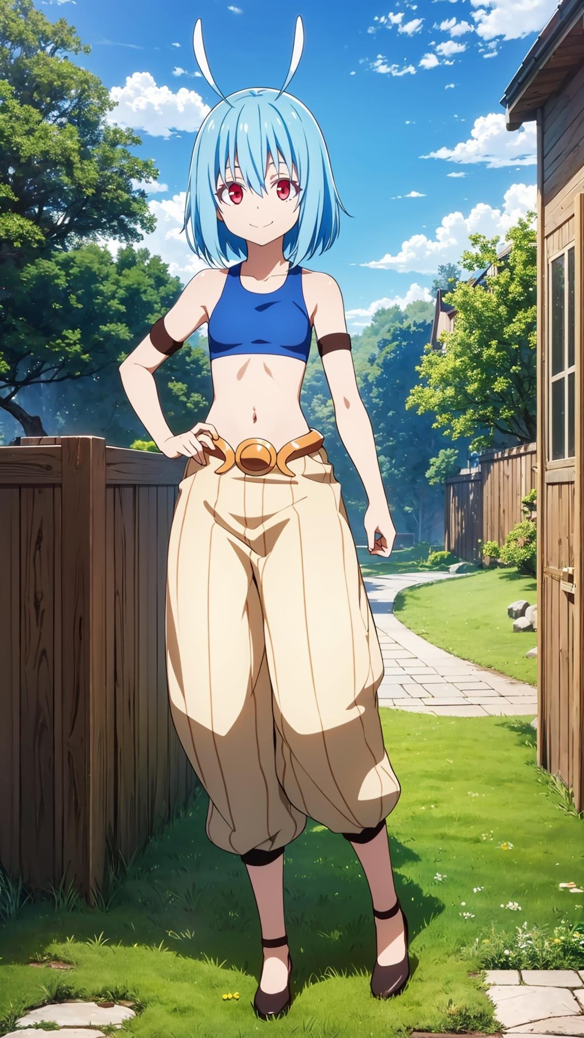 (masterpiece,  best quality),  ray tracing,  absurdres,  HDR,  shinsha, 1girl, solo, blue hair, smile, sports bra, navel, antenna hair, looking at viewer, , red eyes, breasts, midriff, closed mouth, :t,small breasts, short hair, collarbone, antennae, bangs, bare shoulders, armband, hair between eyes,, looking at viewer, full body, pants, , standing, outdoors,sky,blue sky,shoes, <lora:shinsha:0.8>