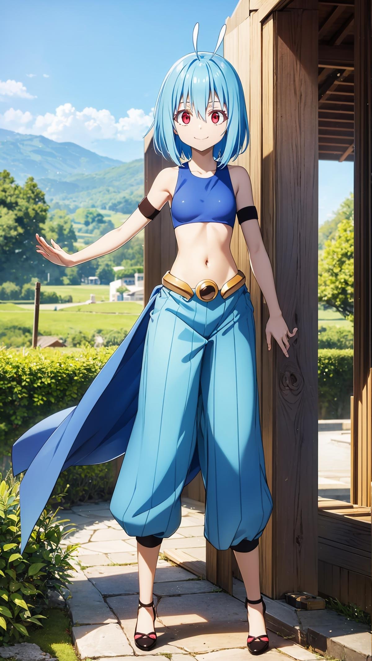 (masterpiece,  best quality),  ray tracing,  absurdres,  HDR,  shinsha, 1girl, solo, blue hair, smile, sports bra, navel, antenna hair, looking at viewer, , red eyes, breasts, midriff, closed mouth, :t,small breasts, short hair, collarbone, antennae, bangs, bare shoulders, armband, hair between eyes,, looking at viewer, full body, pants, , standing, outdoors,sky,blue sky,shoes, <lora:shinsha:0.8>