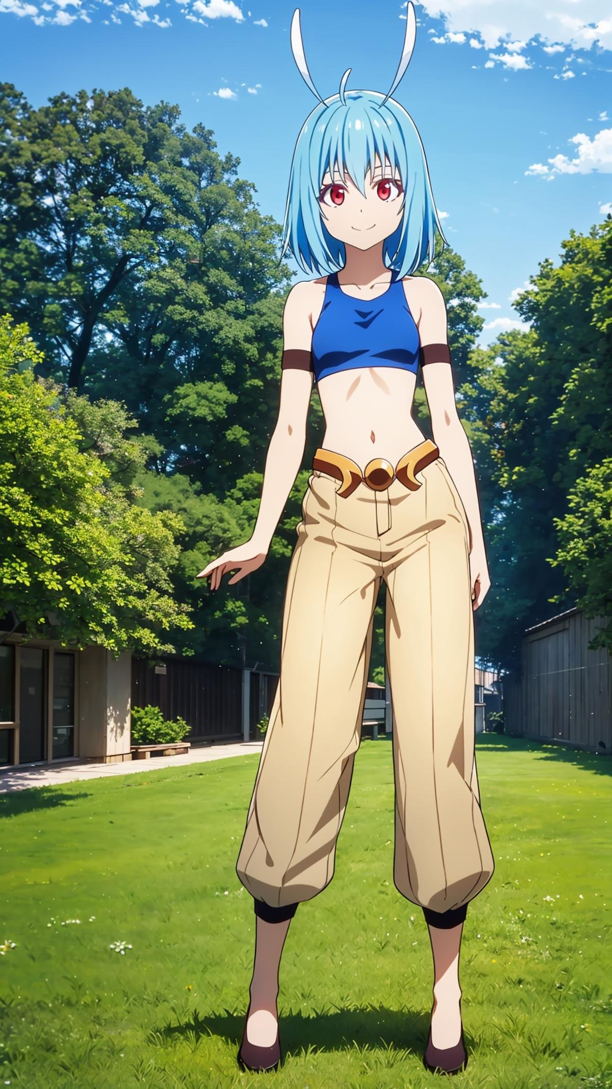 (masterpiece,  best quality),  ray tracing,  absurdres,  HDR,  shinsha, 1girl, solo, blue hair, smile, sports bra, navel, antenna hair, looking at viewer, , red eyes, breasts, midriff, closed mouth, :t,small breasts, short hair, collarbone, antennae, bangs, bare shoulders, armband, hair between eyes,, looking at viewer, full body, pants, , standing, outdoors,sky,blue sky,shoes, <lora:shinsha:0.8>