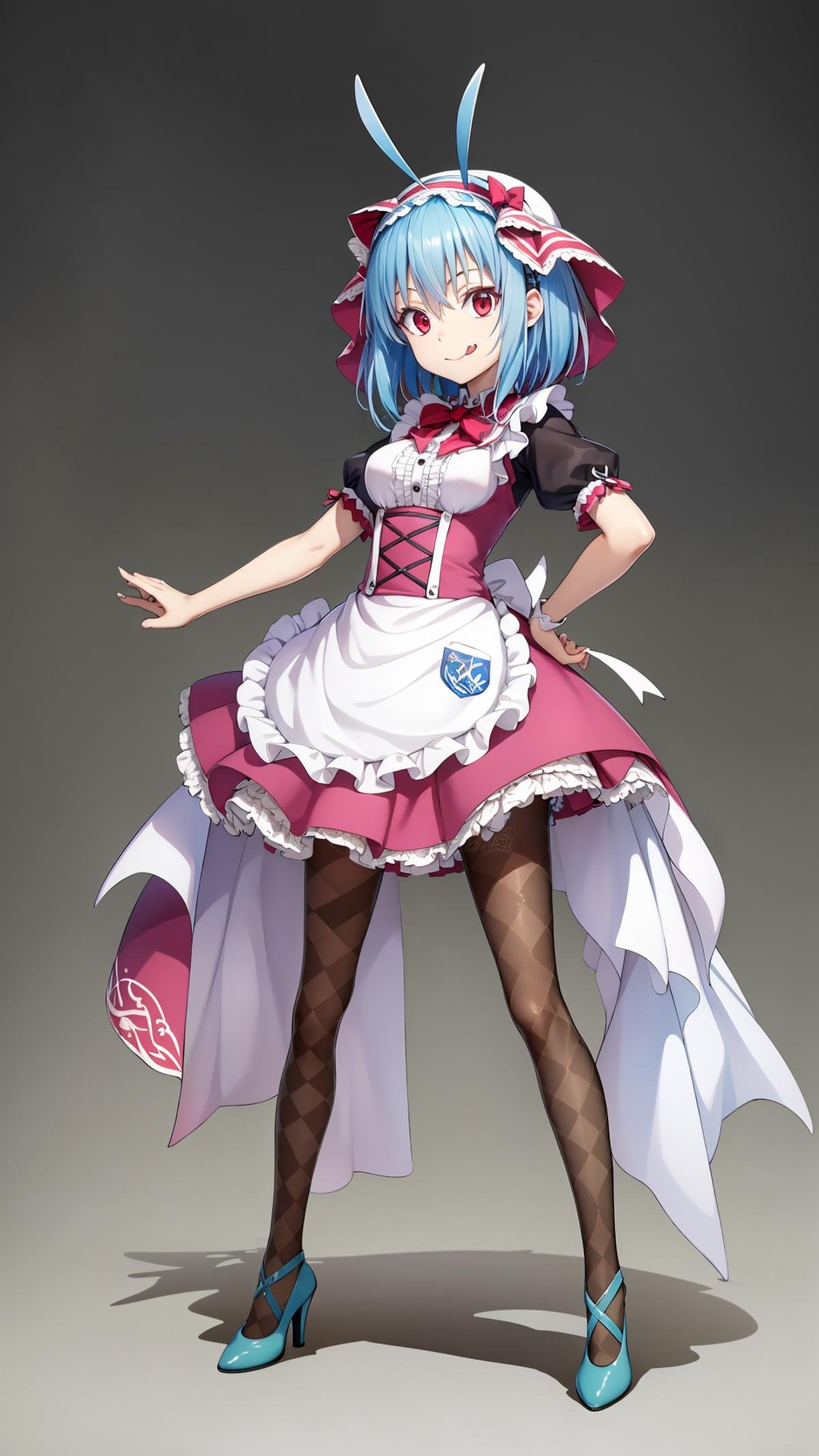 (masterpiece,  best quality),  ray tracing,  absurdres,  HDR,shinsha, , 1girl, solo, red eyes, blue hair, , antenna hair, standing, tongue out, pantyhose, tongue, short hair, , , looking at viewer, hairband, , short sleeves,  high heels, smile, dress, argyle, hair between eyes,, green footwear, :q,  hat, bangs, closed mouth, apron, argyle legwear, medium breasts,<lora:shinsha_sp:0.8>