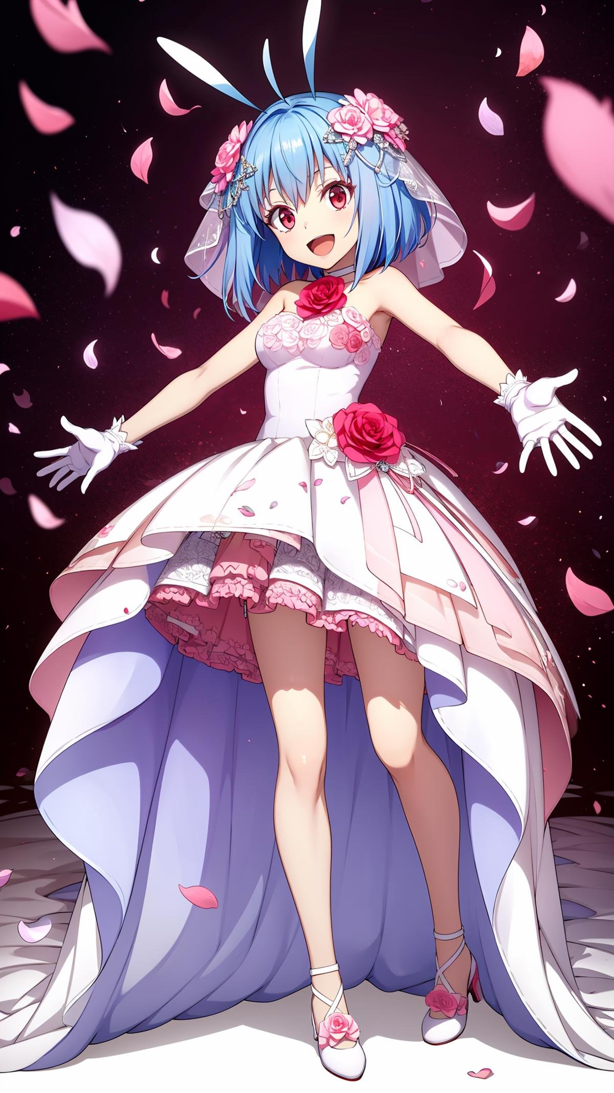 (masterpiece,  best quality),  ray tracing,  absurdres,  HDR,shinsha, , 1girl, solo, white gloves, gloves, dress, blue hair, red eyes, open mouth, flower, layered dress, short hair, full body, hair ornament, pink flower, smile, hair flower, outstretched arms, ;d, sleeveless dress, sleeveless, red flower, white footwear, standing, white dress, ribbon, looking at viewer, shiny, leg ribbon, wedding dress, veil, strapless dress, choker, petals, short dress, thigh strap, strapless, rose, shiny hair, antenna hair,medium breasts, <lora:shinsha_sp:0.8>