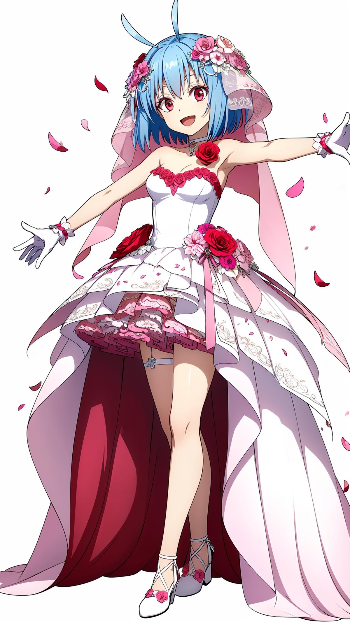 (masterpiece,  best quality),  ray tracing,  absurdres,  HDR,shinsha, , 1girl, solo, white gloves, gloves, dress, blue hair, red eyes, open mouth, flower, layered dress, short hair, full body, hair ornament, pink flower, smile, hair flower, outstretched arms, ;d, sleeveless dress, sleeveless, red flower, white footwear, standing, white dress, ribbon, looking at viewer, shiny, leg ribbon, wedding dress, veil, strapless dress, choker, petals, short dress, thigh strap, strapless, rose, shiny hair, antenna hair,medium breasts, white background,simple background,<lora:shinsha_sp:0.8>