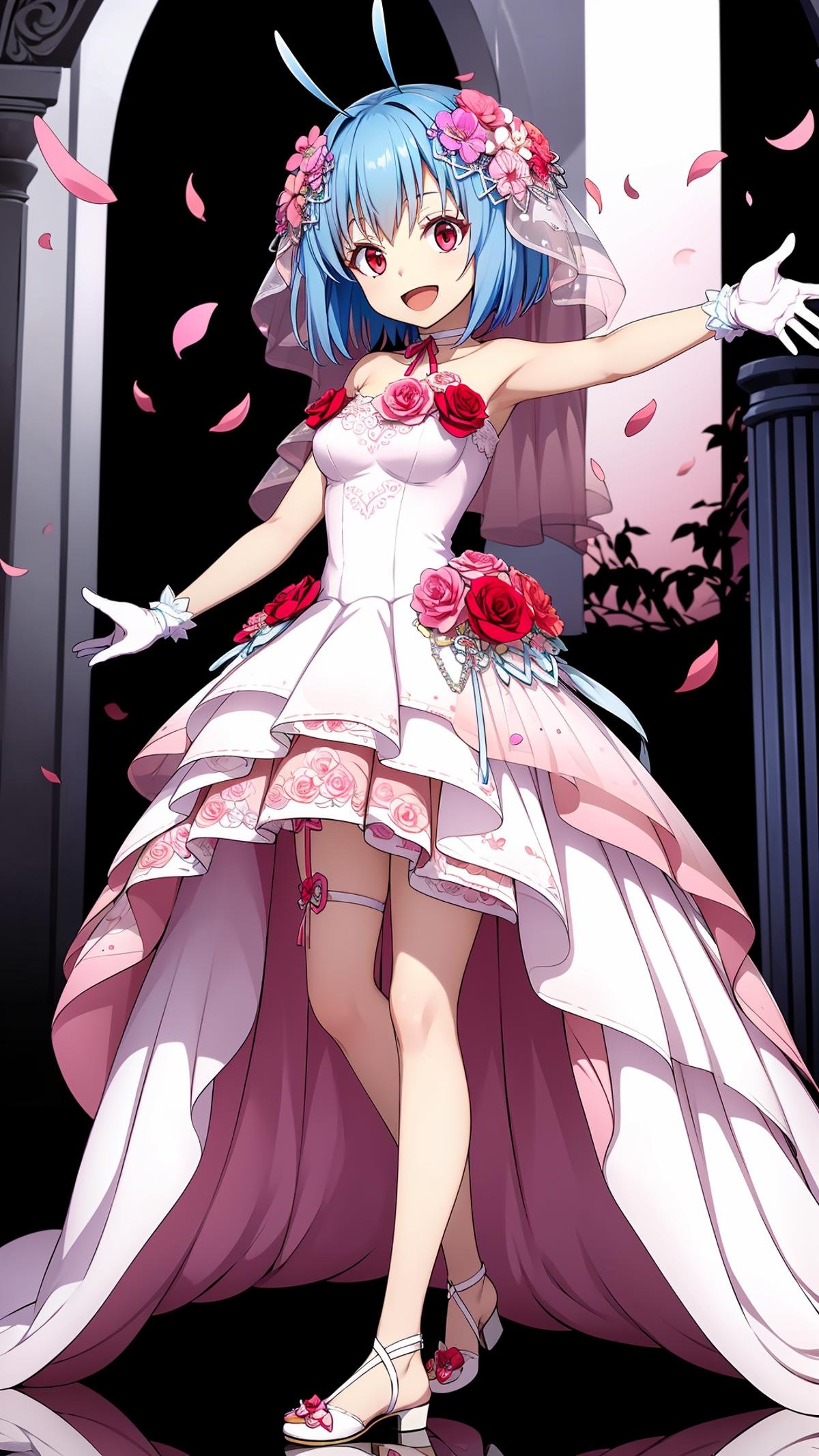 (masterpiece,  best quality),  ray tracing,  absurdres,  HDR,shinsha, , 1girl, solo, white gloves, gloves, dress, blue hair, red eyes, open mouth, flower, layered dress, short hair, full body, hair ornament, pink flower, smile, hair flower, outstretched arms, ;d, sleeveless dress, sleeveless, red flower, white footwear, standing, white dress, ribbon, looking at viewer, shiny, leg ribbon, wedding dress, veil, strapless dress, choker, petals, short dress, thigh strap, strapless, rose, shiny hair, antenna hair,medium breasts, <lora:shinsha_sp:0.8>