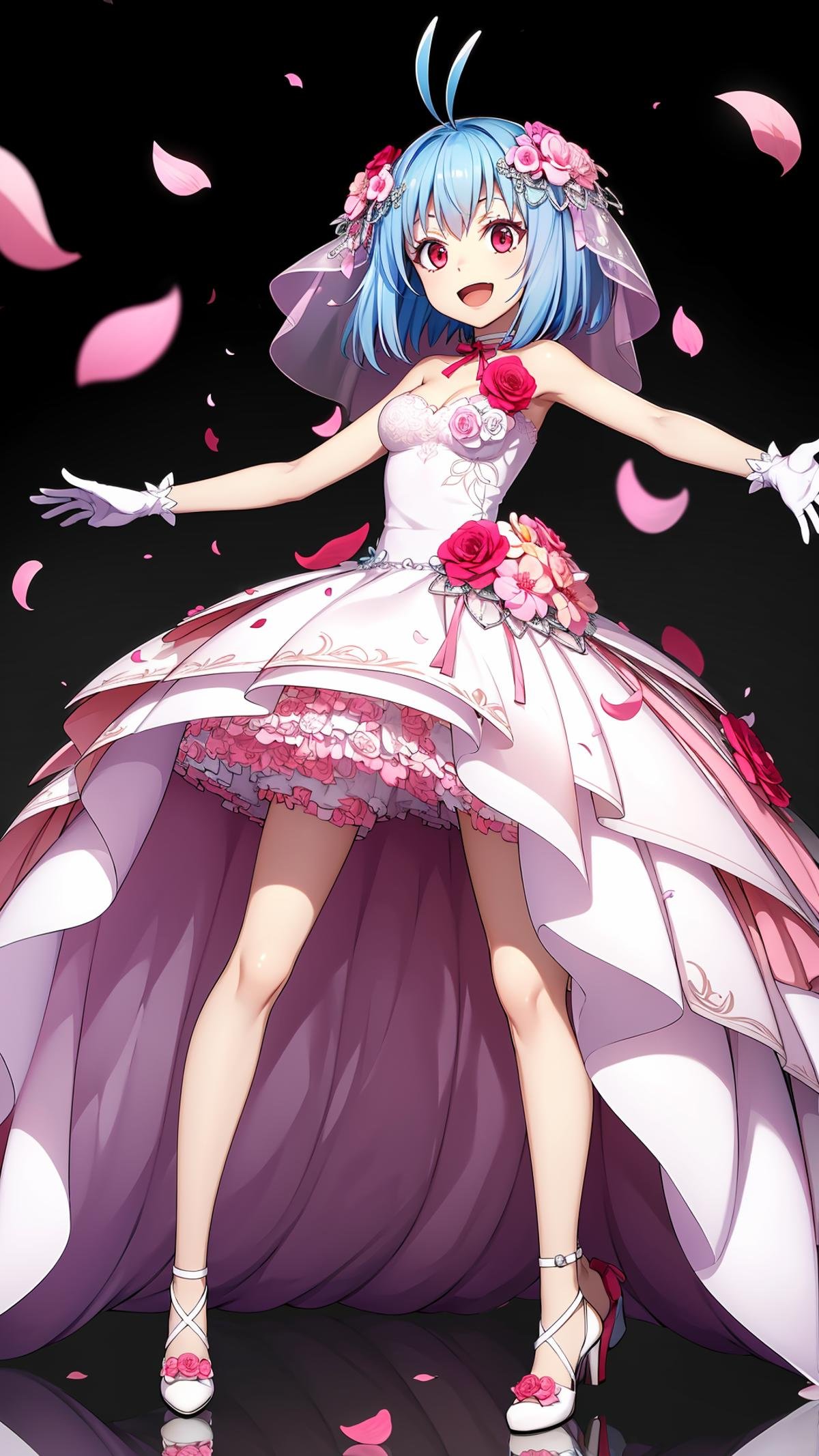 (masterpiece,  best quality),  ray tracing,  absurdres,  HDR,shinsha, , 1girl, solo, white gloves, gloves, dress, blue hair, red eyes, open mouth, flower, layered dress, short hair, full body, hair ornament, pink flower, smile, hair flower, outstretched arms, ;d, sleeveless dress, sleeveless, red flower, white footwear, standing, white dress, ribbon, looking at viewer, shiny, leg ribbon, wedding dress, veil, strapless dress, choker, petals, short dress, thigh strap, strapless, rose, shiny hair, antenna hair,medium breasts, <lora:shinsha_sp:0.8>