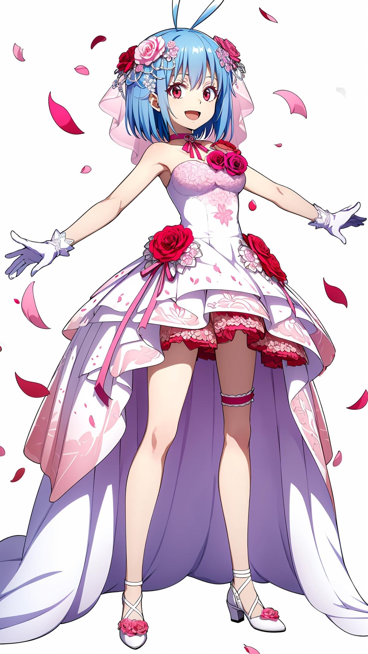 (masterpiece,  best quality),  ray tracing,  absurdres,  HDR,shinsha, , 1girl, solo, white gloves, gloves, dress, blue hair, red eyes, open mouth, flower, layered dress, short hair, full body, hair ornament, pink flower, smile, hair flower, outstretched arms, ;d, sleeveless dress, sleeveless, red flower, white footwear, standing, white dress, ribbon, looking at viewer, shiny, leg ribbon, wedding dress, veil, strapless dress, choker, petals, short dress, thigh strap, strapless, rose, shiny hair, antenna hair,medium breasts, white background,simple background,<lora:shinsha_sp:0.8>