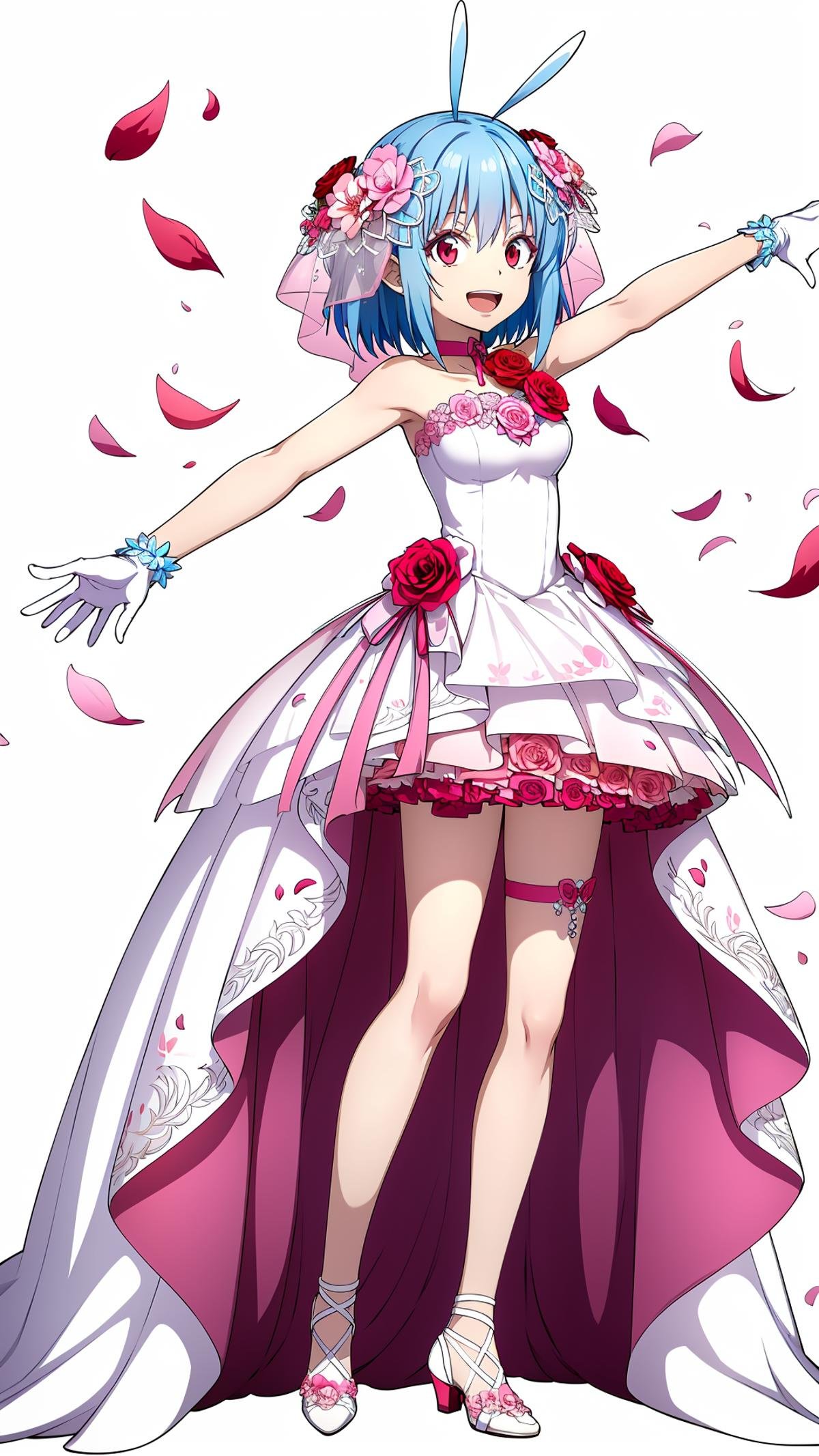 (masterpiece,  best quality),  ray tracing,  absurdres,  HDR,shinsha, , 1girl, solo, white gloves, gloves, dress, blue hair, red eyes, open mouth, flower, layered dress, short hair, full body, hair ornament, pink flower, smile, hair flower, outstretched arms, ;d, sleeveless dress, sleeveless, red flower, white footwear, standing, white dress, ribbon, looking at viewer, shiny, leg ribbon, wedding dress, veil, strapless dress, choker, petals, short dress, thigh strap, strapless, rose, shiny hair, antenna hair,medium breasts, white background,simple background,<lora:shinsha_sp:0.8>