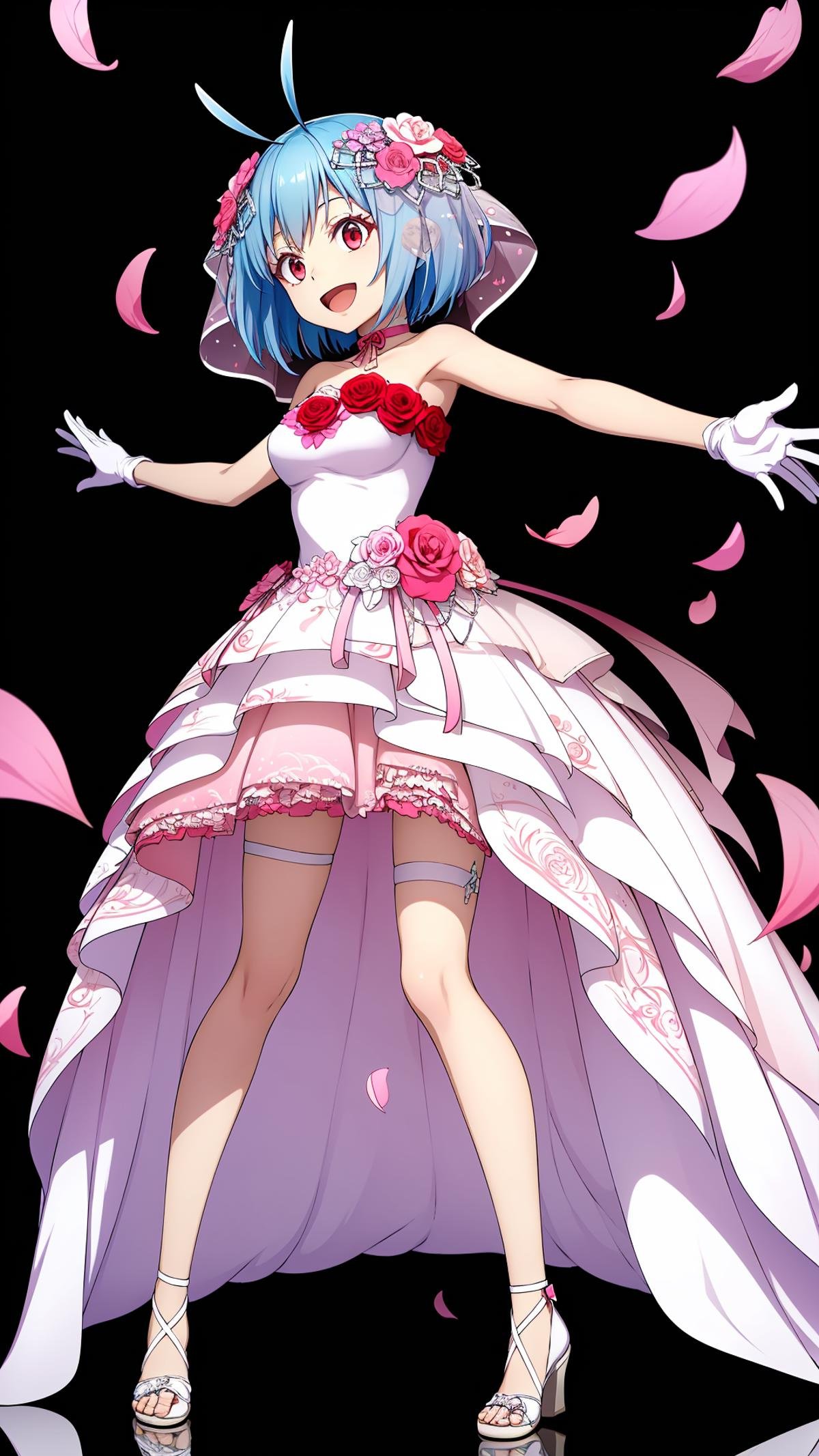 (masterpiece,  best quality),  ray tracing,  absurdres,  HDR,shinsha, , 1girl, solo, white gloves, gloves, dress, blue hair, red eyes, open mouth, flower, layered dress, short hair, full body, hair ornament, pink flower, smile, hair flower, outstretched arms, ;d, sleeveless dress, sleeveless, red flower, white footwear, standing, white dress, ribbon, looking at viewer, shiny, leg ribbon, wedding dress, veil, strapless dress, choker, petals, short dress, thigh strap, strapless, rose, shiny hair, antenna hair,medium breasts, <lora:shinsha_sp:0.8>