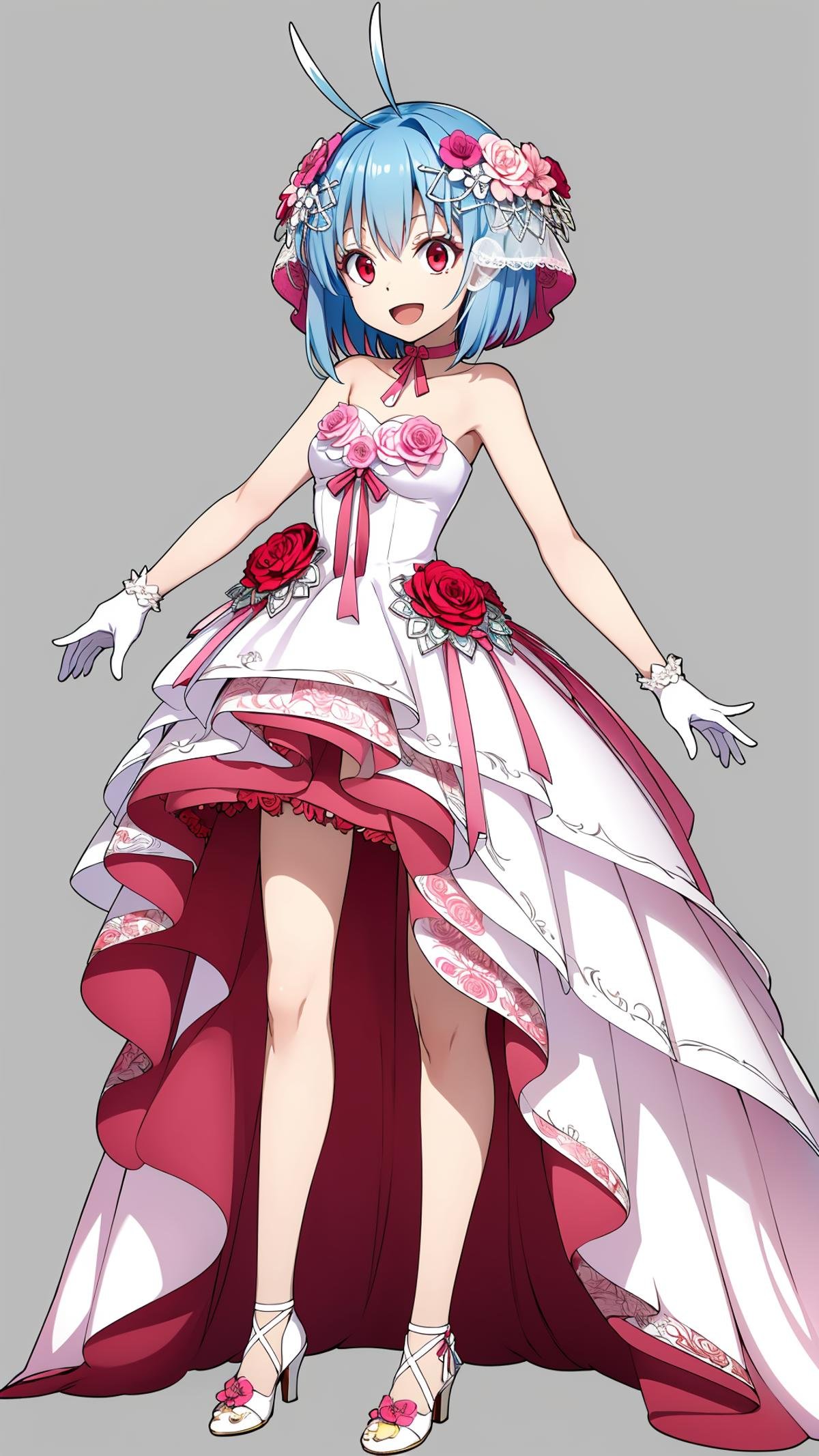 (masterpiece,  best quality),  ray tracing,  absurdres,  HDR,shinsha, bride, 1girl, solo, white footwear, red eyes, dress, gloves, white gloves, short hair, pink flower, hair ornament, full body, open mouth, standing, flower, smile, blue hair, hair flower, strapless, :d, ribbon, choker, layered dress, strapless dress, white dress, collarbone, red flower, short dress, high heels, antenna hair,white background,simple background,<lora:shinsha_sp:0.8>