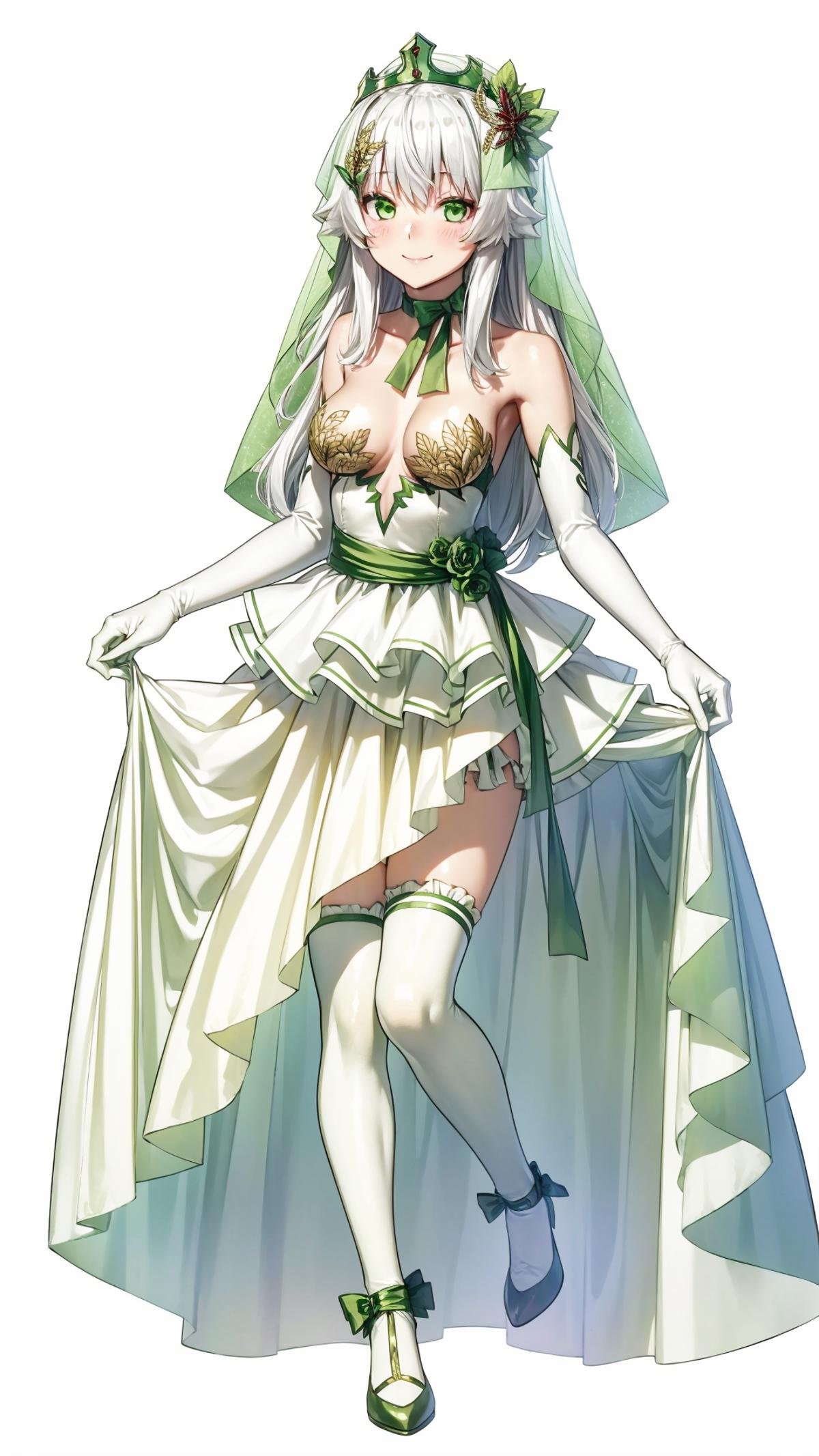 (masterpiece, best quality), ray tracing, absurdres, HDR, rice-hime, bride, solo, 1girl, green eyes, dress, gloves, veil, elbow gloves, thighhighs, long hair, white gloves, white thighhighs, medium breasts, full body, white background, looking at viewer, standing, white dress, strapless dress, strapless, bare shoulders, bangs, jewelry, skirt hold, wedding dress, bridal veil, shoes, green ribbon, white hair, bow, hair ornament, smile, flower, frills, blush, ribbon, collarbone, closed mouth<lora:rice-hime bride:0.8>