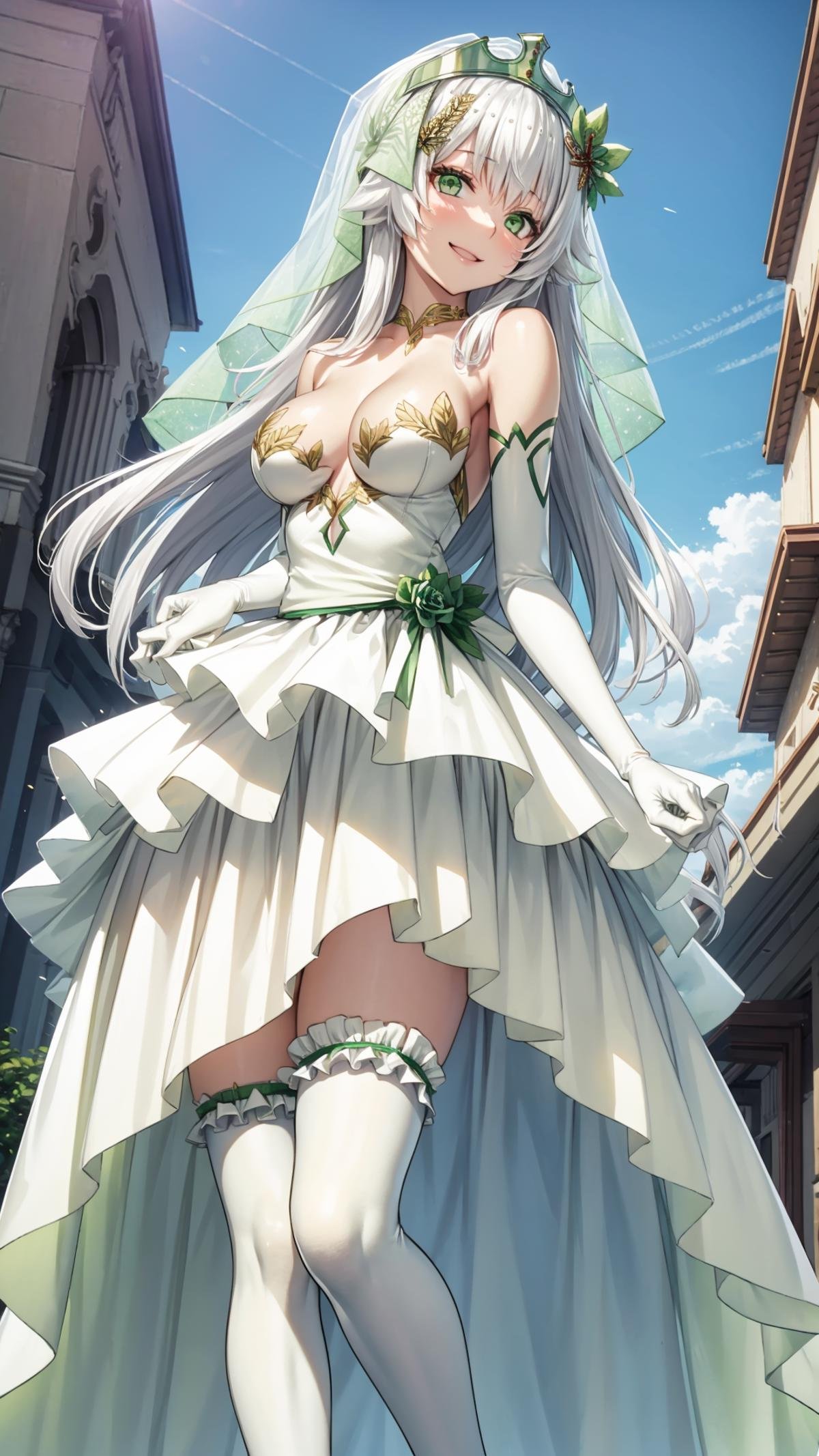 (masterpiece, best quality), ray tracing, absurdres, HDR, rice-hime, bride, 1girl, green eyes, solo, gloves, veil, long hair, large breasts, outdoors, elbow gloves, dress, sky, day, thighhighs, looking at viewer, flower, white gloves, smile, white hair, white thighhighs, hair ornament, frills, bare shoulders, hair flower, jewelry, bangs, bridal veil, standing, wedding dress, frilled dress, frilled thighhighs,looking at viewer, <lora:rice-hime bride:0.8>