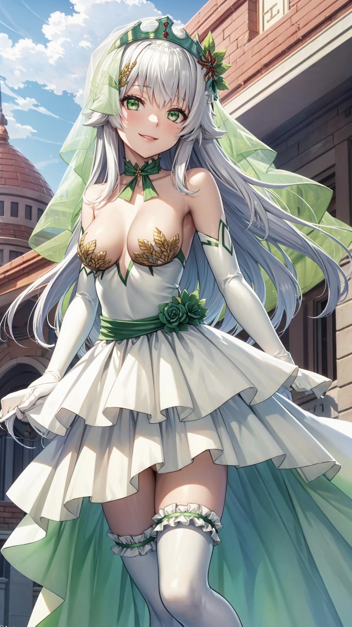 (masterpiece, best quality), ray tracing, absurdres, HDR, rice-hime, bride, 1girl, green eyes, solo, gloves, veil, long hair, medium breasts, outdoors, elbow gloves, dress, sky, day, thighhighs, looking at viewer, flower, white gloves, smile, white hair, white thighhighs, hair ornament, frills, bare shoulders, hair flower, jewelry, bangs, bridal veil, standing, wedding dress, frilled dress, frilled thighhighs,looking at viewer, <lora:rice-hime bride:0.8>