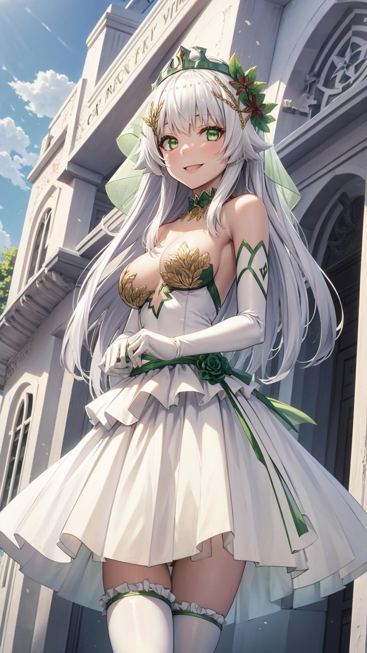 (masterpiece, best quality), ray tracing, absurdres, HDR, rice-hime, bride, 1girl, green eyes, solo, gloves, veil, long hair, medium breasts, outdoors, elbow gloves, dress, sky, day, thighhighs, looking at viewer, flower, white gloves, smile, white hair, white thighhighs, hair ornament, frills, bare shoulders, hair flower, jewelry, bangs, bridal veil, standing, wedding dress, frilled dress, frilled thighhighs,looking at viewer, <lora:rice-hime bride:0.8>