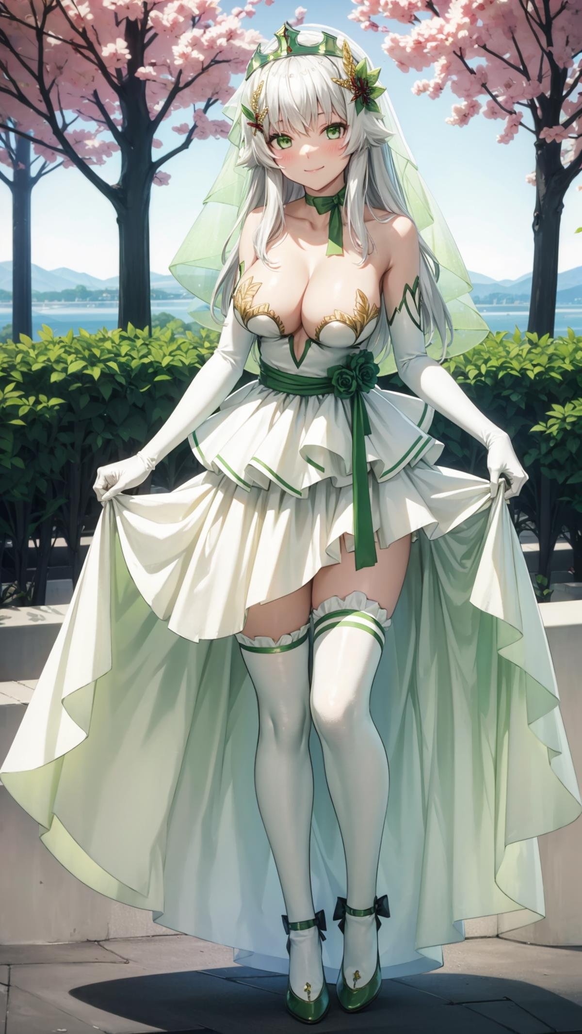 (masterpiece, best quality), ray tracing, absurdres, HDR, rice-hime, bride, solo, 1girl, green eyes, dress, gloves, veil, elbow gloves, thighhighs, long hair, white gloves, white thighhighs, large breasts, full body,outdoors , looking at viewer, standing, white dress, strapless dress, strapless, bare shoulders, bangs, jewelry, skirt hold, wedding dress, bridal veil, shoes, green ribbon, white hair, bow, hair ornament, smile, flower, frills, blush, ribbon, collarbone, closed mouth<lora:rice-hime bride:0.7>