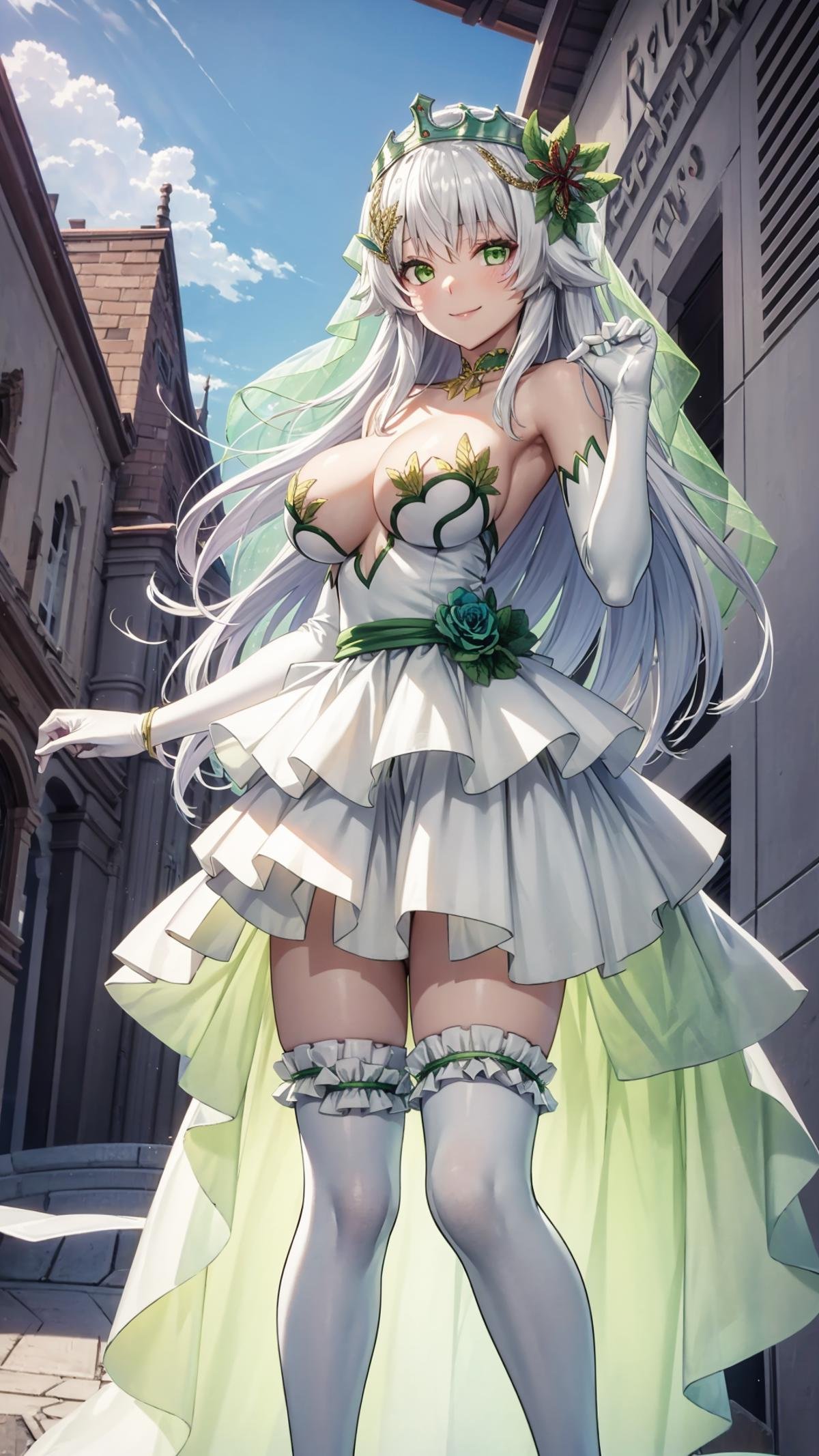 (masterpiece, best quality), ray tracing, absurdres, HDR, rice-hime, bride, 1girl, green eyes, solo, gloves, veil, long hair, large breasts, outdoors, elbow gloves, dress, sky, day, thighhighs, looking at viewer, flower, white gloves, smile, white hair, white thighhighs, hair ornament, frills, bare shoulders, hair flower, jewelry, bangs, bridal veil, standing, wedding dress, frilled dress, frilled thighhighs,looking at viewer, <lora:rice-hime bride:0.8>