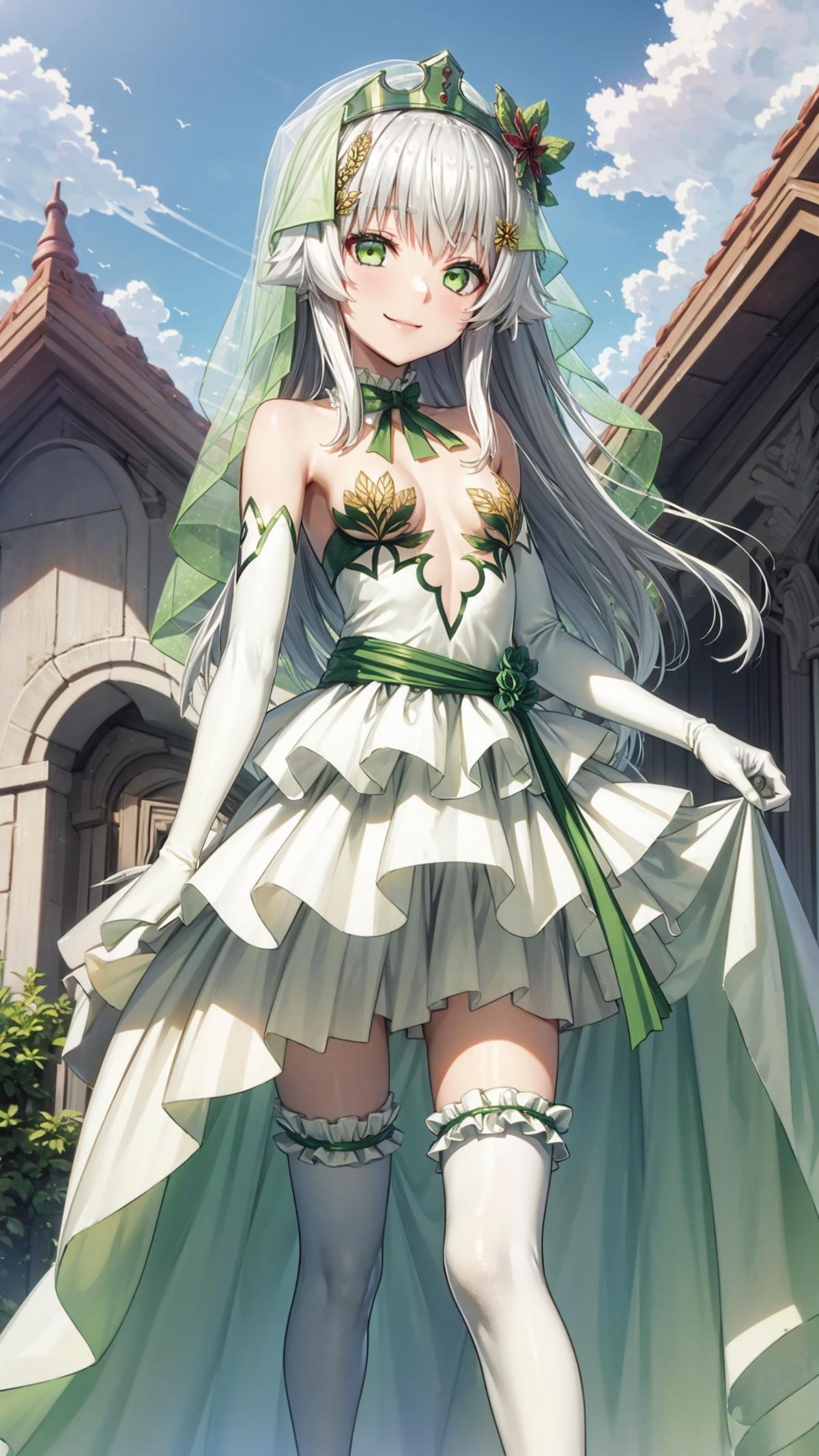 (masterpiece, best quality), ray tracing, absurdres, HDR, rice-hime, bride, 1girl, green eyes, solo, gloves, veil, long hair, small breasts, outdoors, elbow gloves, dress, sky, day, thighhighs, looking at viewer, flower, white gloves, smile, white hair, white thighhighs, hair ornament, frills, bare shoulders, hair flower, jewelry, bangs, bridal veil, standing, wedding dress, frilled dress, frilled thighhighs,<lora:rice-hime bride:0.8>