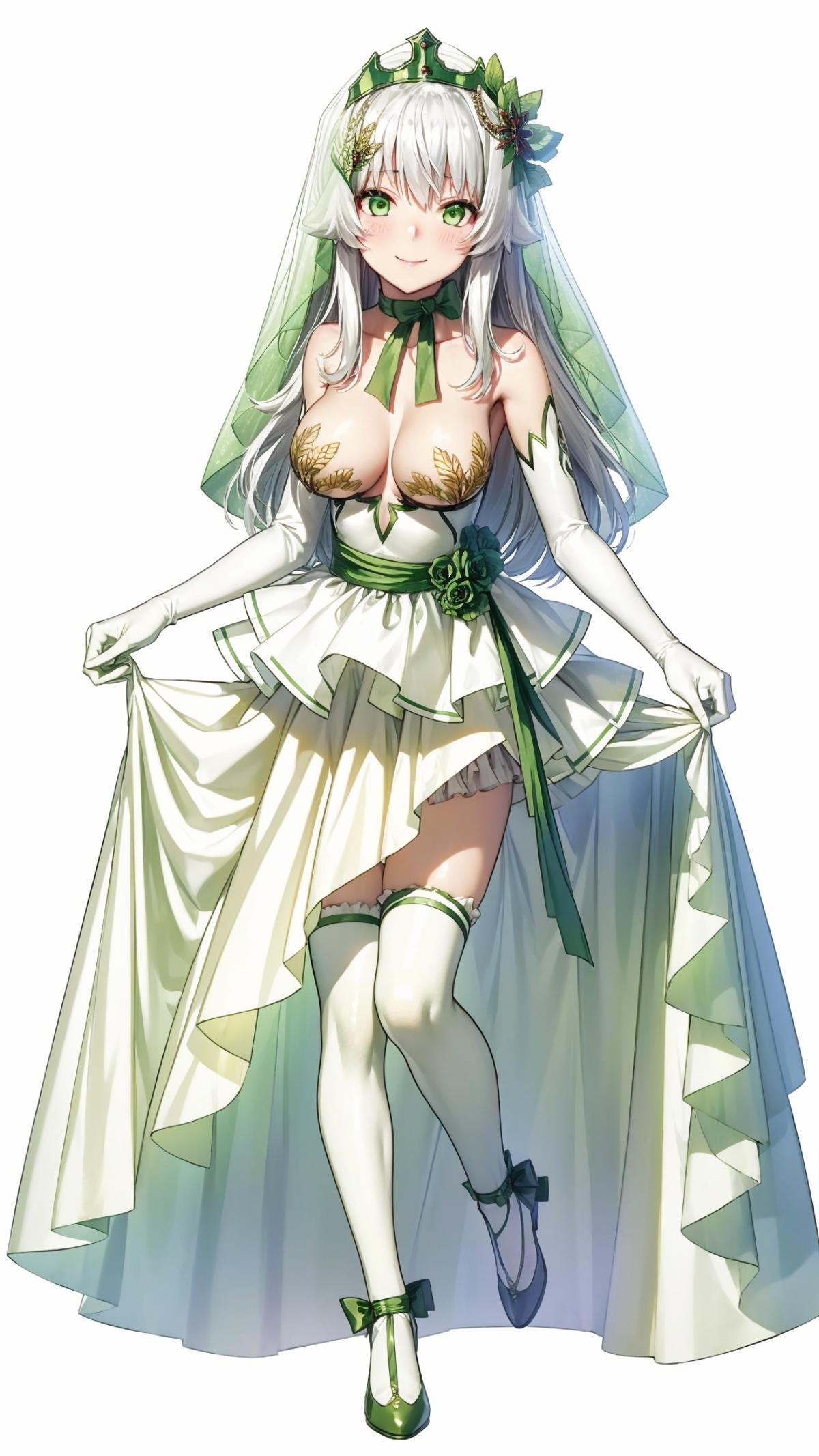 (masterpiece, best quality), ray tracing, absurdres, HDR, rice-hime, bride, solo, 1girl, green eyes, dress, gloves, veil, elbow gloves, thighhighs, long hair, white gloves, white thighhighs, large breasts, full body, white background, looking at viewer, standing, white dress, strapless dress, strapless, bare shoulders, bangs, jewelry, skirt hold, wedding dress, bridal veil, shoes, green ribbon, white hair, bow, hair ornament, smile, flower, frills, blush, ribbon, collarbone, closed mouth<lora:rice-hime bride:0.8>