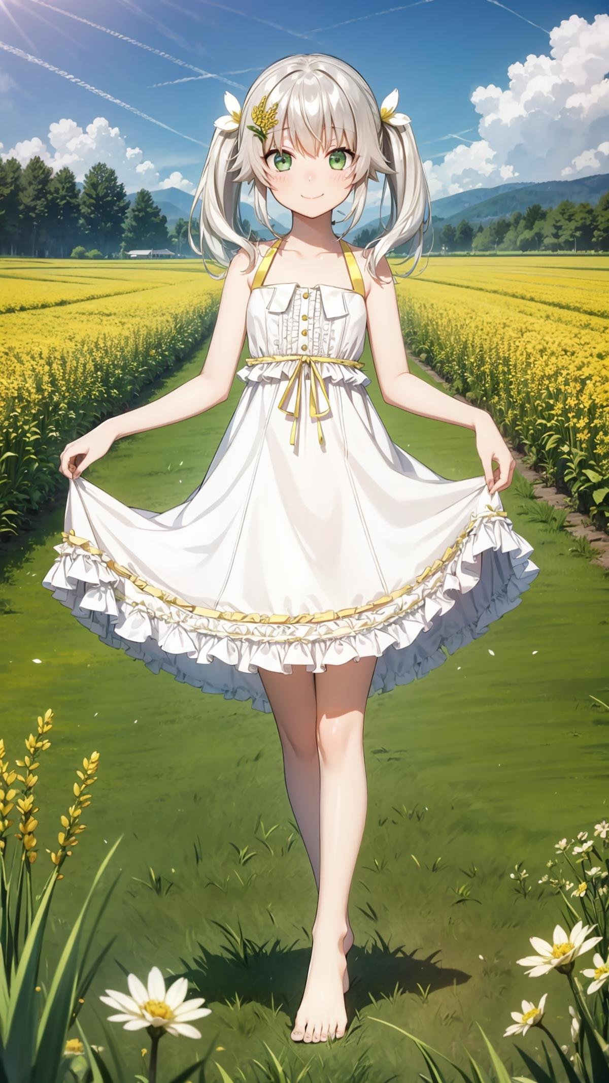 (masterpiece, best quality),ray tracing,absurdres, HDR,rice-hime, snow white, 1girl, solo, dress, barefoot, green eyes, white dress, smile, white background, bare shoulders, twintails, closed mouth, frilled dress, bangs, full body, hair ornament, bare arms, standing, frills, yellow ribbon, sleeveless dress, leg ribbon, sleeveless, blush, collarbone, skirt hold, ribbon, flower, looking at viewer, hair flower, white hair, hair between eyes, long hair, white flower, yellow flower,outdoors, scenery, field, , grass,sky,<lora:rice-hime snow_white:0.7>