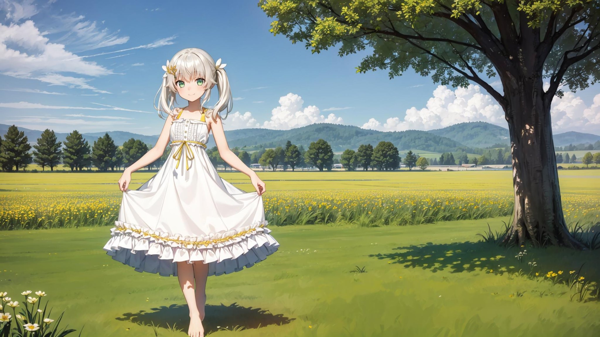 (masterpiece, best quality),ray tracing,absurdres, HDR,rice-hime, snow white, 1girl, solo, dress, barefoot, green eyes, white dress, smile, white background, bare shoulders, twintails, closed mouth, frilled dress, bangs, full body, hair ornament, bare arms, standing, frills, yellow ribbon, sleeveless dress, leg ribbon, sleeveless, blush, collarbone, skirt hold, ribbon, flower, looking at viewer, hair flower, white hair, hair between eyes, long hair, white flower, yellow flower,outdoors, scenery, field, , grass,sky,<lora:rice-hime snow_white:0.7>