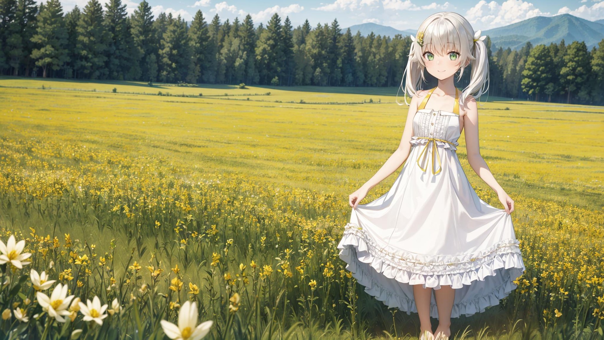 (masterpiece, best quality),ray tracing,absurdres, HDR,rice-hime, snow white, 1girl, solo, dress, barefoot, green eyes, white dress, smile, white background, bare shoulders, twintails, closed mouth, frilled dress, bangs, full body, hair ornament, bare arms, standing, frills, yellow ribbon, sleeveless dress, leg ribbon, sleeveless, blush, collarbone, skirt hold, ribbon, flower, looking at viewer, hair flower, white hair, hair between eyes, long hair, white flower, yellow flower,outdoors, scenery, field, , grass,sky,<lora:rice-hime snow_white:0.7>