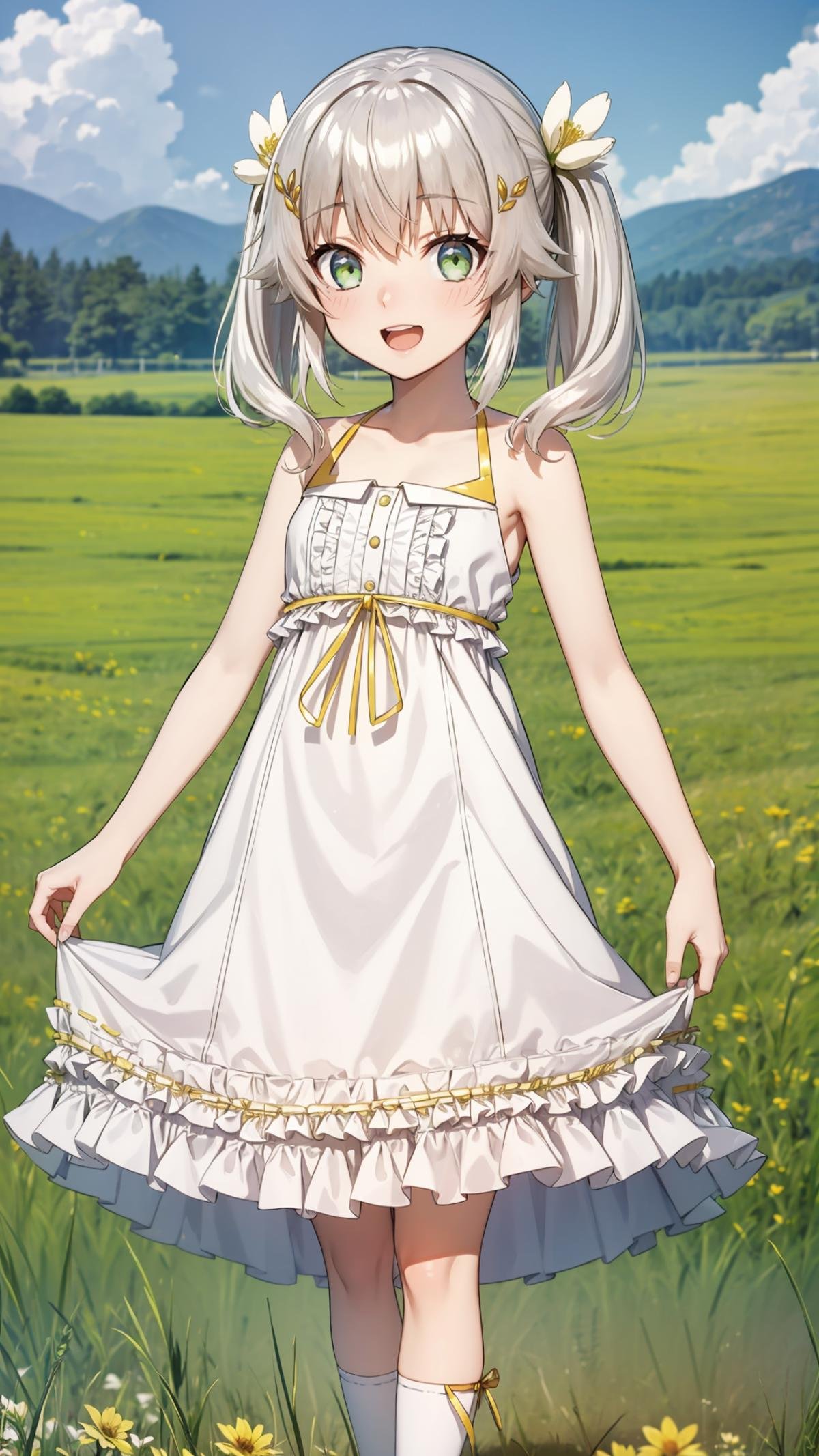 (masterpiece, best quality),ray tracing,absurdres, HDR,rice-hime, snow white, 1girl, solo, dress,breats , cleavag ,green eyes, white dress, smile, , bare shoulders, twintails, open mouth, teeth,frilled dress, bangs, , hair ornament, bare arms, standing, frills, yellow ribbon, sleeveless dress, leg ribbon, sleeveless, blush, collarbone, , ribbon, flower, looking at viewer, hair flower, white hair, hair between eyes, long hair, white flower, yellow flower,outdoors, scenery, field, , grass,sky,cowboy shot, <lora:rice-hime snow_white:0.7>