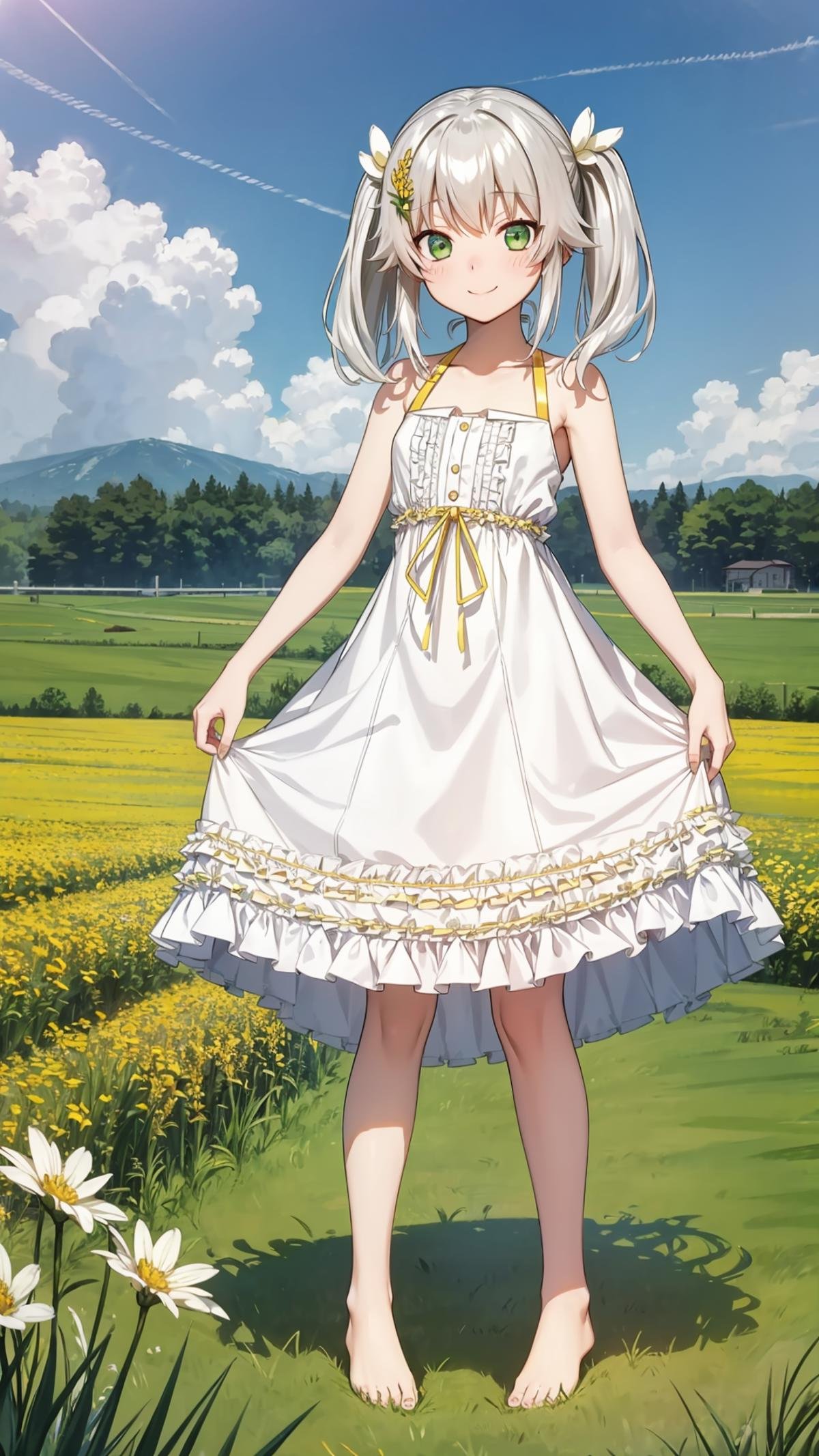 (masterpiece, best quality),ray tracing,absurdres, HDR,rice-hime, snow white, 1girl, solo, dress, barefoot, green eyes, white dress, smile, white background, bare shoulders, twintails, closed mouth, frilled dress, bangs, full body, hair ornament, bare arms, standing, frills, yellow ribbon, sleeveless dress, leg ribbon, sleeveless, blush, collarbone, skirt hold, ribbon, flower, looking at viewer, hair flower, white hair, hair between eyes, long hair, white flower, yellow flower,outdoors, scenery, field, , grass,sky,<lora:rice-hime snow_white:0.7>