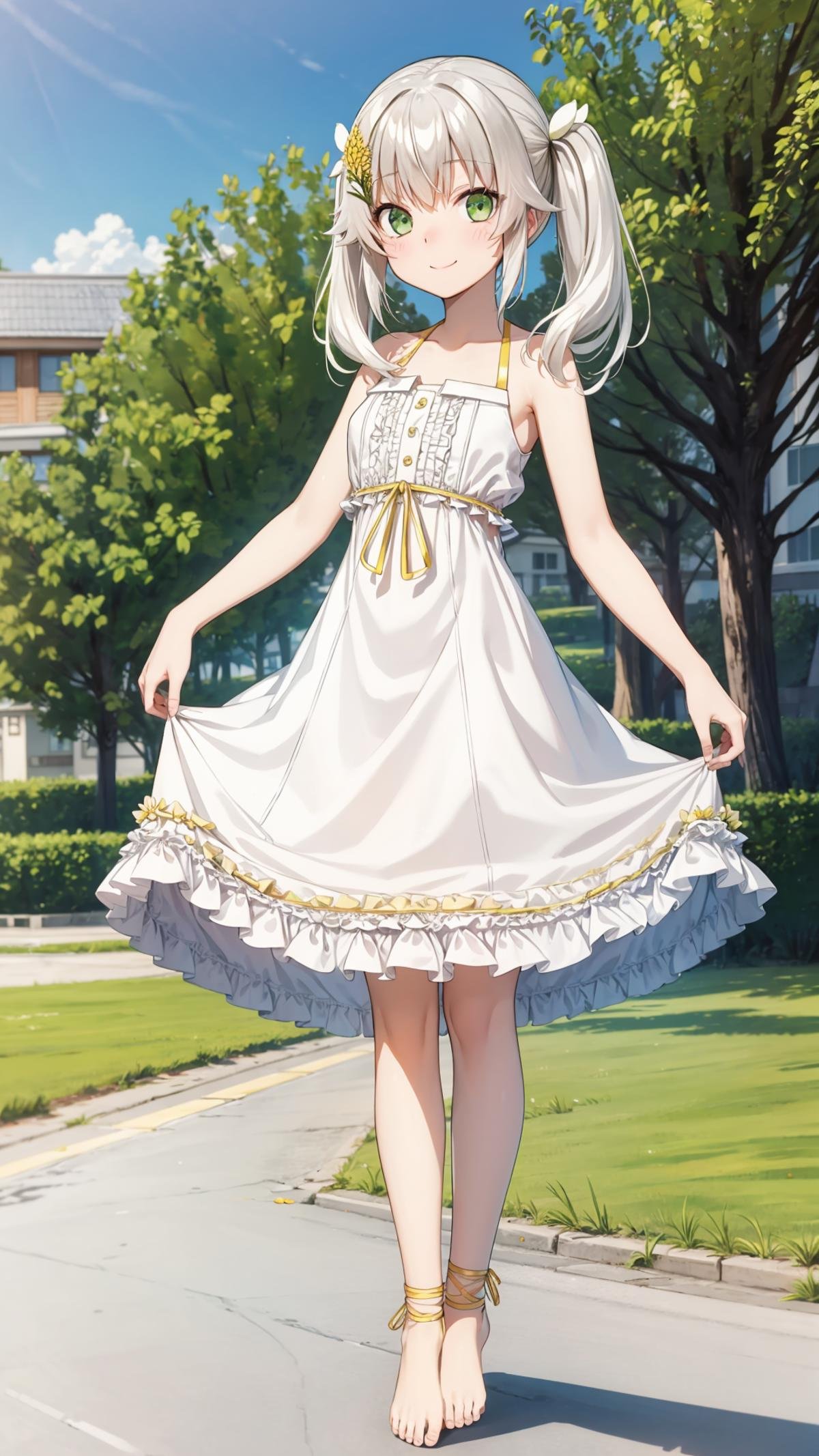 (masterpiece, best quality),ray tracing,absurdres, HDR,rice-hime, snow white, 1girl, solo, dress, barefoot, green eyes, white dress, smile, white background, bare shoulders, twintails, closed mouth, frilled dress, bangs, full body, hair ornament, bare arms, standing, frills, yellow ribbon, sleeveless dress, leg ribbon, sleeveless, blush, collarbone, skirt hold, ribbon, flower, looking at viewer, hair flower, white hair, hair between eyes, long hair, white flower, yellow flower,outdoors,<lora:rice-hime snow_white:0.7>