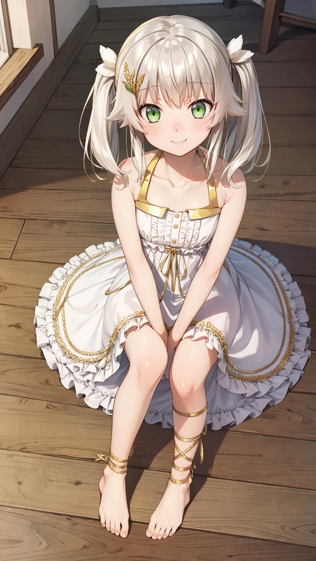 (masterpiece, best quality),ray tracing,absurdres, HDRrice-hime, snow white, 1girl, dress, green eyes, solo, smile, twintails, hair ornament, sitting, white dress, white hair, looking at viewer, frilled dress, collarbone, frills, blush, bare shoulders, wooden floor, flower, long hair, closed mouth barefoot,leg ribbon,<lora:rice-hime snow_white:0.8>