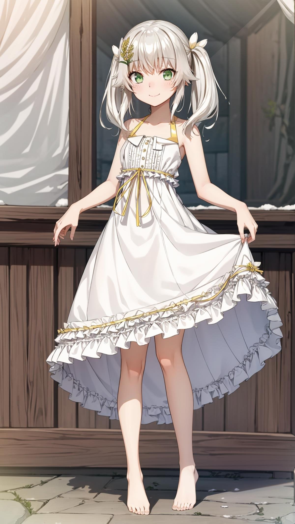 (masterpiece, best quality),ray tracing,absurdres, HDR,rice-hime, snow white, 1girl, solo, dress, barefoot, green eyes, white dress, smile, white background, bare shoulders, twintails, closed mouth, frilled dress, bangs, full body, hair ornament, bare arms, standing, frills, yellow ribbon, sleeveless dress, leg ribbon, sleeveless, blush, collarbone, skirt hold, ribbon, flower, looking at viewer, hair flower, white hair, hair between eyes, long hair, white flower, yellow flower,<lora:rice-hime snow_white:0.8>