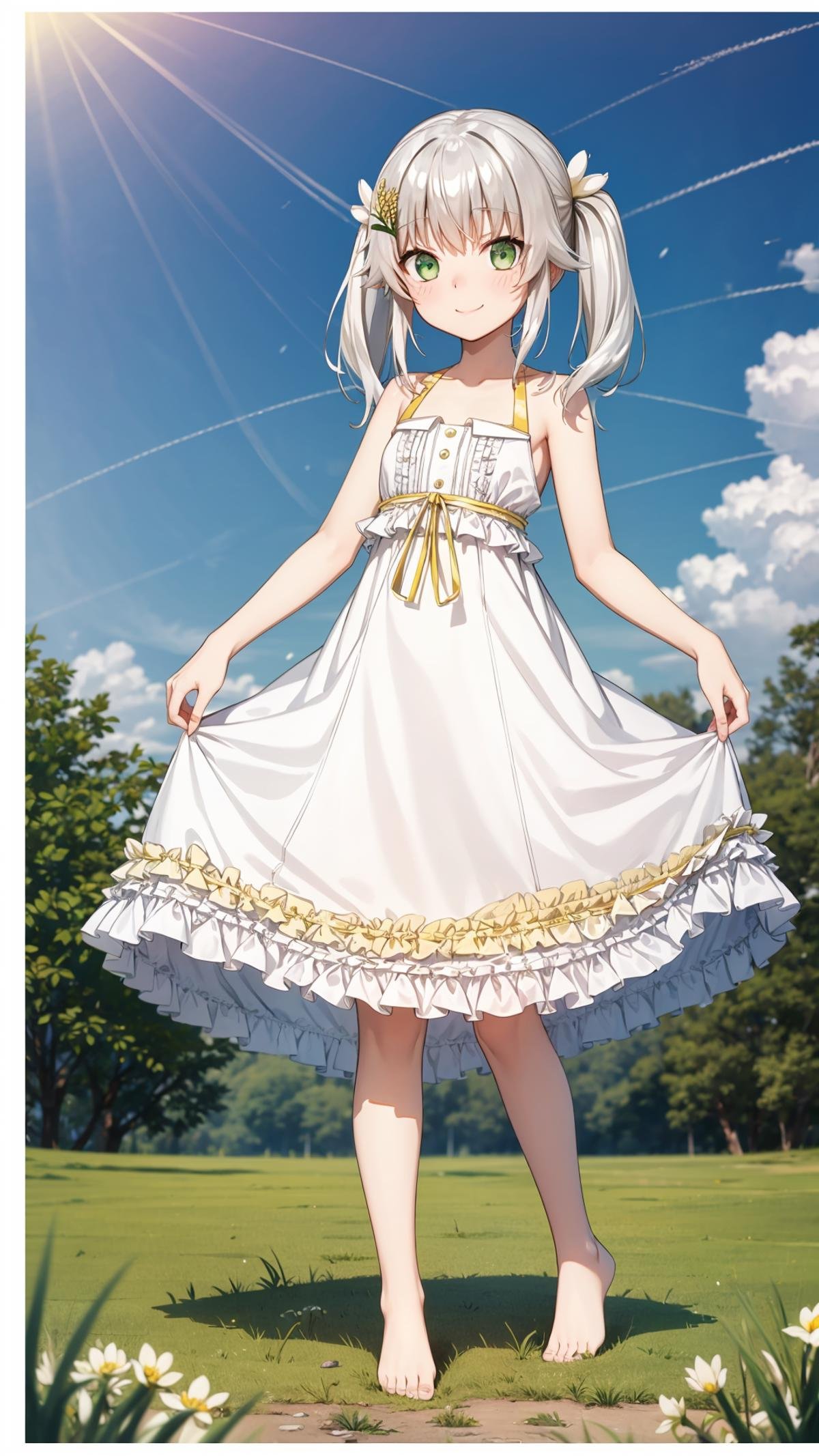 (masterpiece, best quality),ray tracing,absurdres, HDR,rice-hime, snow white, 1girl, solo, dress, barefoot, green eyes, white dress, smile, white background, bare shoulders, twintails, closed mouth, frilled dress, bangs, full body, hair ornament, bare arms, standing, frills, yellow ribbon, sleeveless dress, leg ribbon, sleeveless, blush, collarbone, skirt hold, ribbon, flower, looking at viewer, hair flower, white hair, hair between eyes, long hair, white flower, yellow flower,outdoors,paddy,<lora:rice-hime snow_white:0.7>