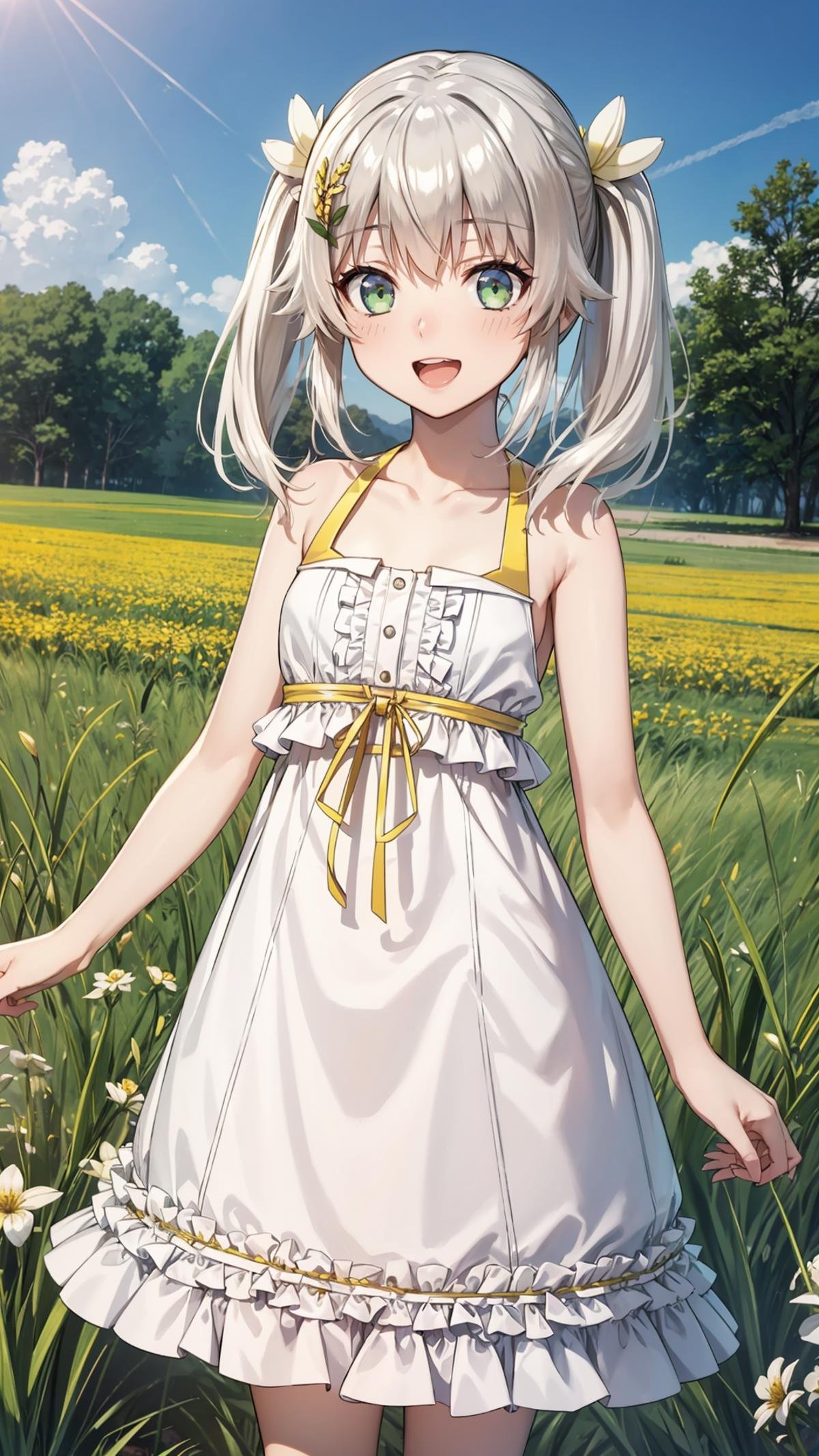 (masterpiece, best quality),ray tracing,absurdres, HDR,rice-hime, snow white, 1girl, solo, dress,breats , cleavag ,green eyes, white dress, smile, , bare shoulders, twintails, open mouth, teeth,frilled dress, bangs, , hair ornament, bare arms, standing, frills, yellow ribbon, sleeveless dress, leg ribbon, sleeveless, blush, collarbone, , ribbon, flower, looking at viewer, hair flower, white hair, hair between eyes, long hair, white flower, yellow flower,outdoors, scenery, field, , grass,sky,cowboy shot, <lora:rice-hime snow_white:0.7>