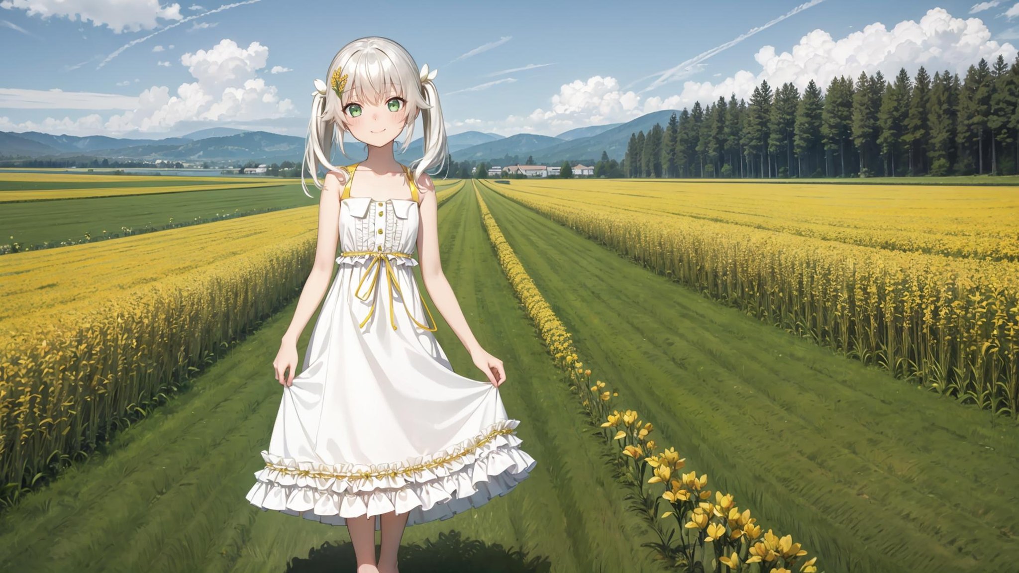 (masterpiece, best quality),ray tracing,absurdres, HDR,rice-hime, snow white, 1girl, solo, dress, barefoot, green eyes, white dress, smile, white background, bare shoulders, twintails, closed mouth, frilled dress, bangs, full body, hair ornament, bare arms, standing, frills, yellow ribbon, sleeveless dress, leg ribbon, sleeveless, blush, collarbone, skirt hold, ribbon, flower, looking at viewer, hair flower, white hair, hair between eyes, long hair, white flower, yellow flower,outdoors, scenery, field, , grass,sky,<lora:rice-hime snow_white:0.7>